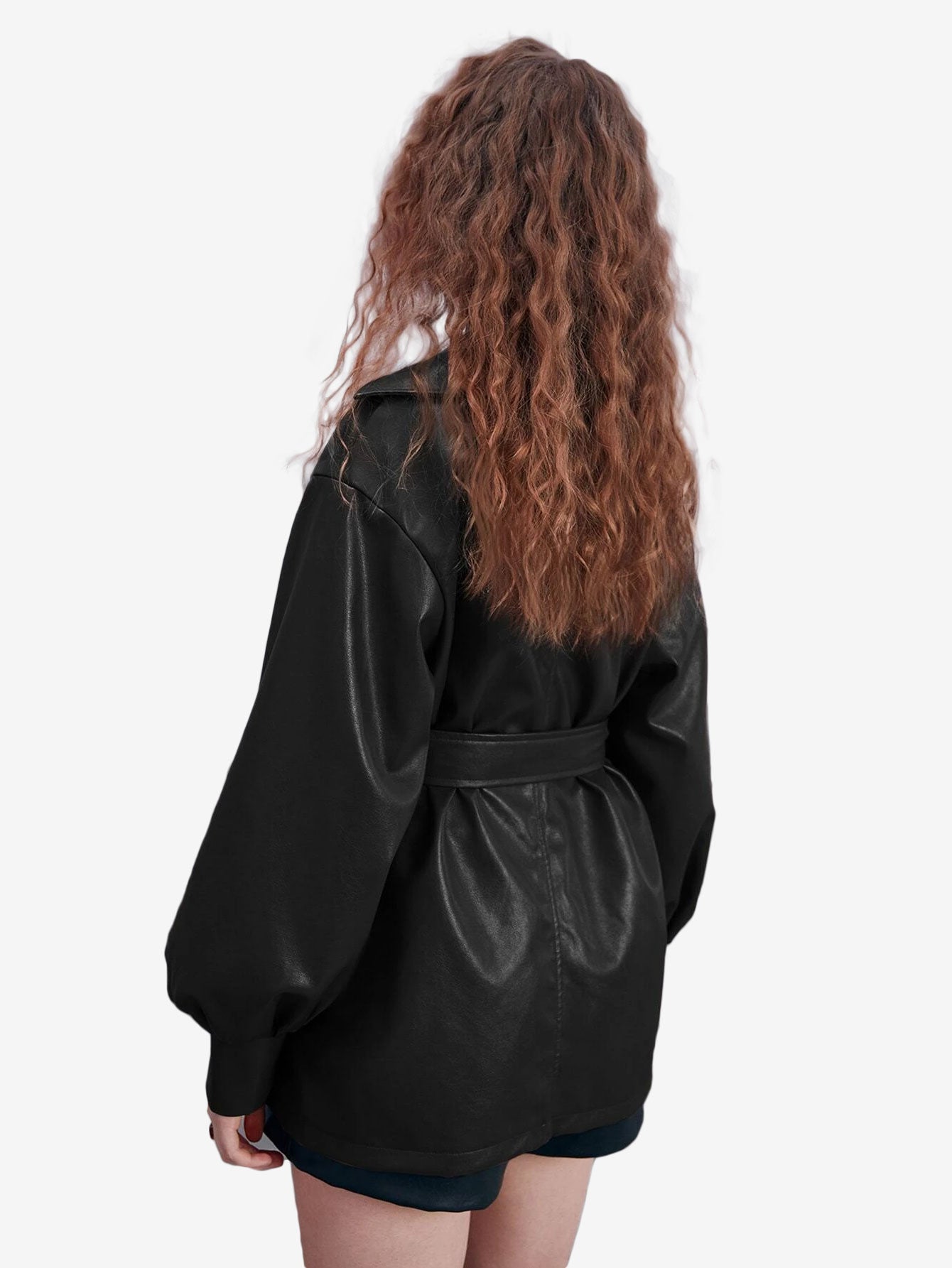 Double Breasted Lapel Neck Lantern Sleeve Belted PU Leather Trench Coat