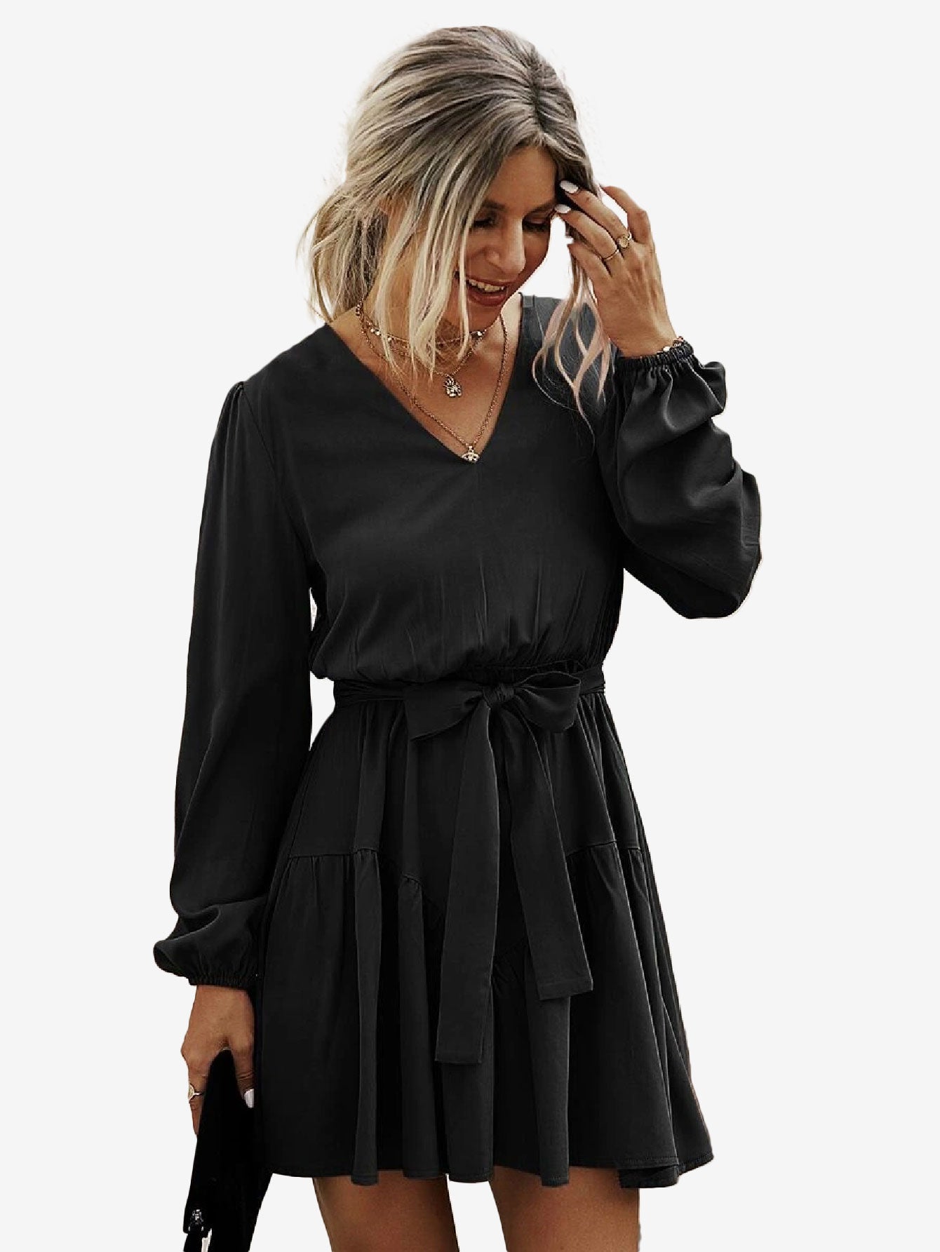 Charming V Neck Lantern Sleeve Belted Dress
