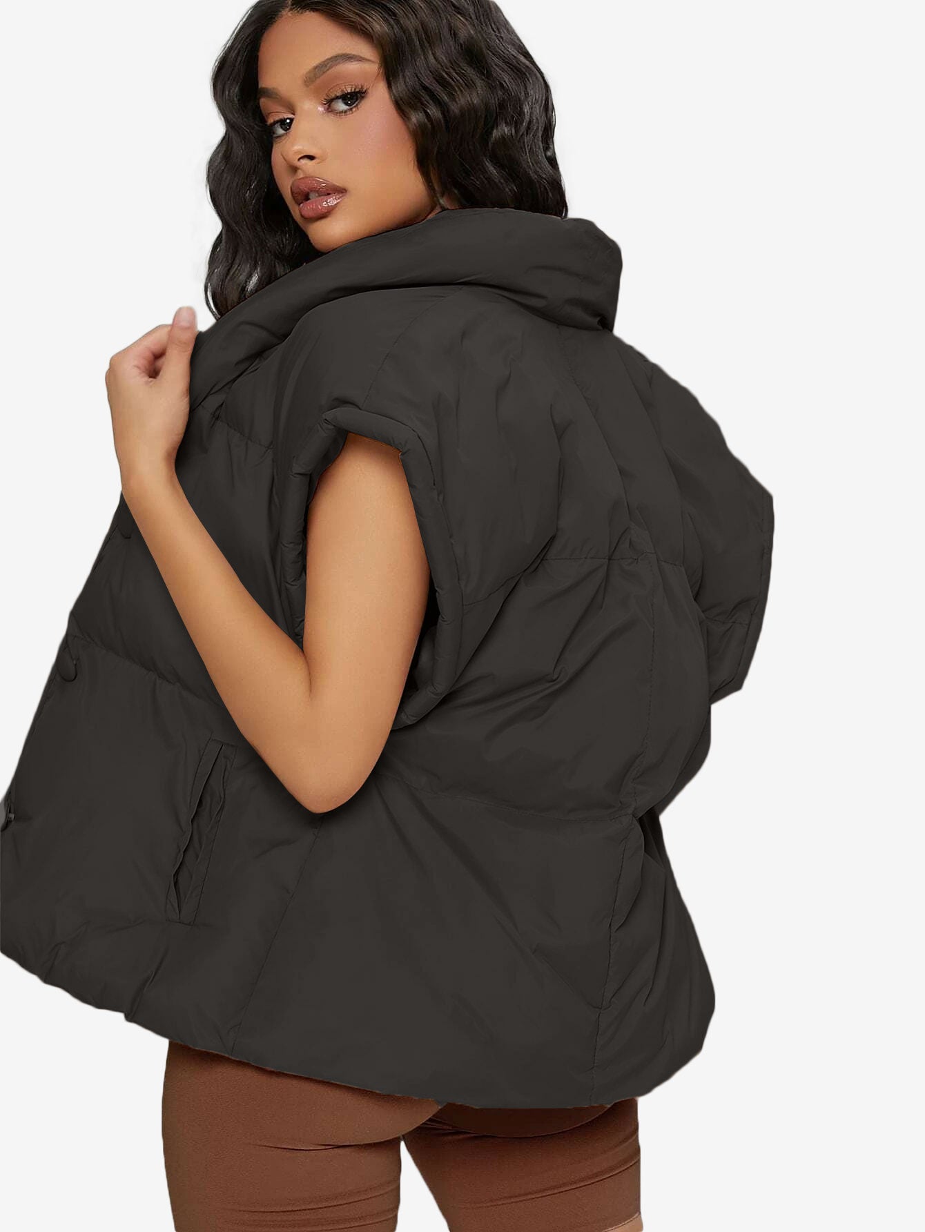 Shawl Collar Slant Pockets Puffer Vest Coat