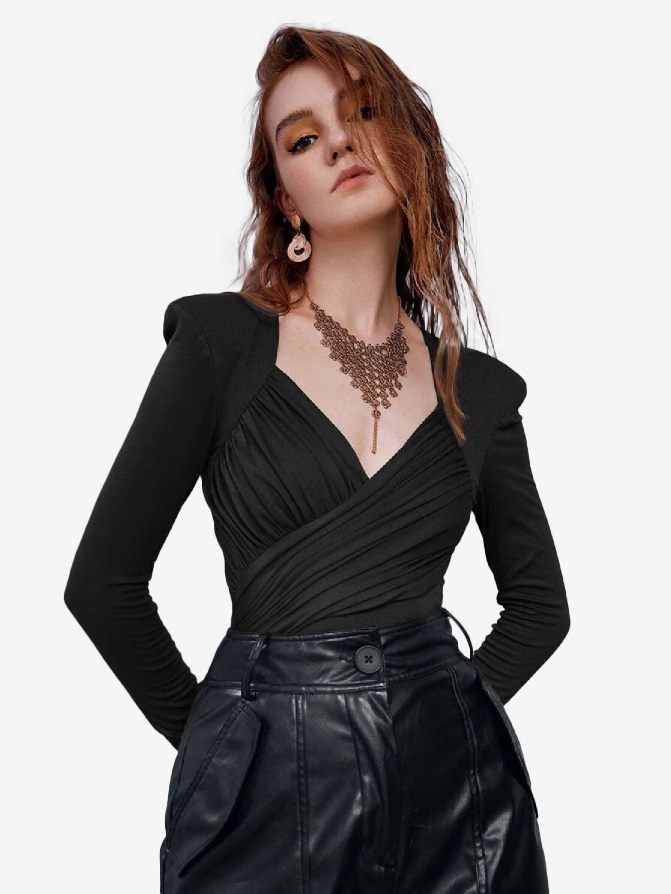 Appealing Neck Puff Sleeve Ruched Bodysuit