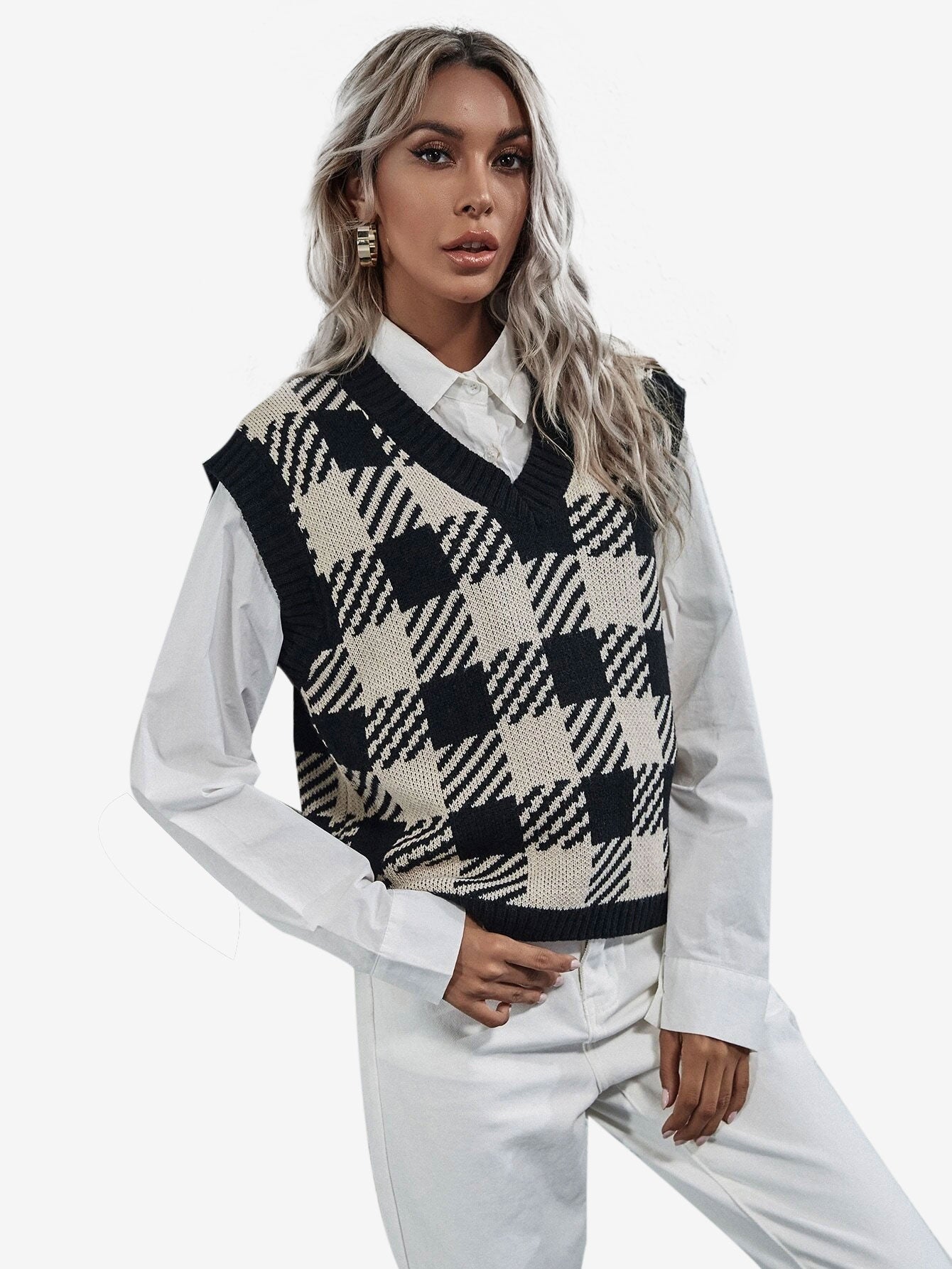 Cute V-neck Gingham Sweater Vest