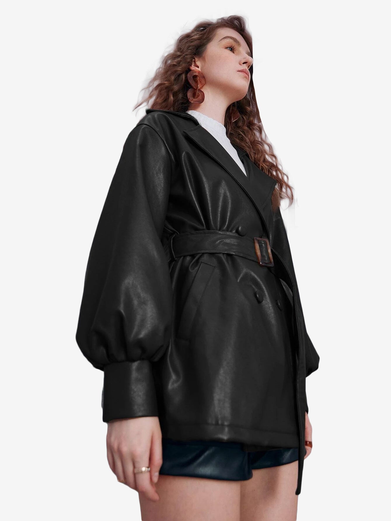 Double Breasted Lapel Neck Lantern Sleeve Belted PU Leather Trench Coat