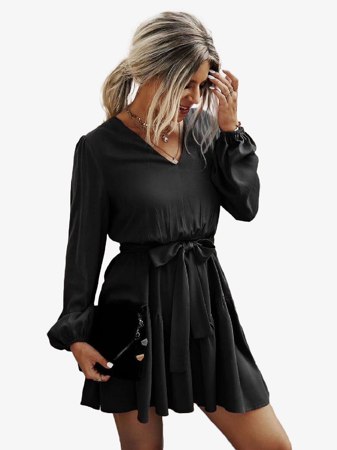 Charming V Neck Lantern Sleeve Belted Dress