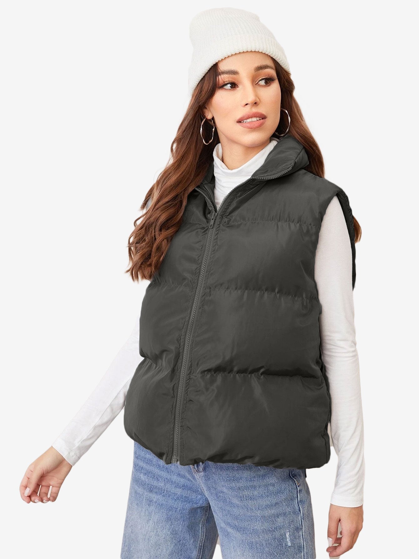 Cozy Zip Up Solid Vest Winter Coat