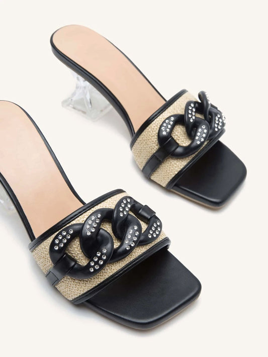 Chain Decor Pyramid Heeled Sandal Mules