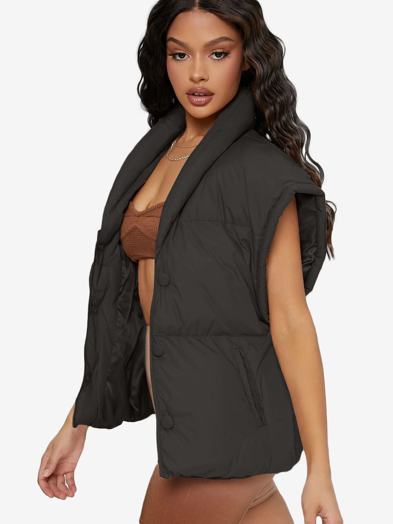 Shawl Collar Slant Pockets Puffer Vest Coat