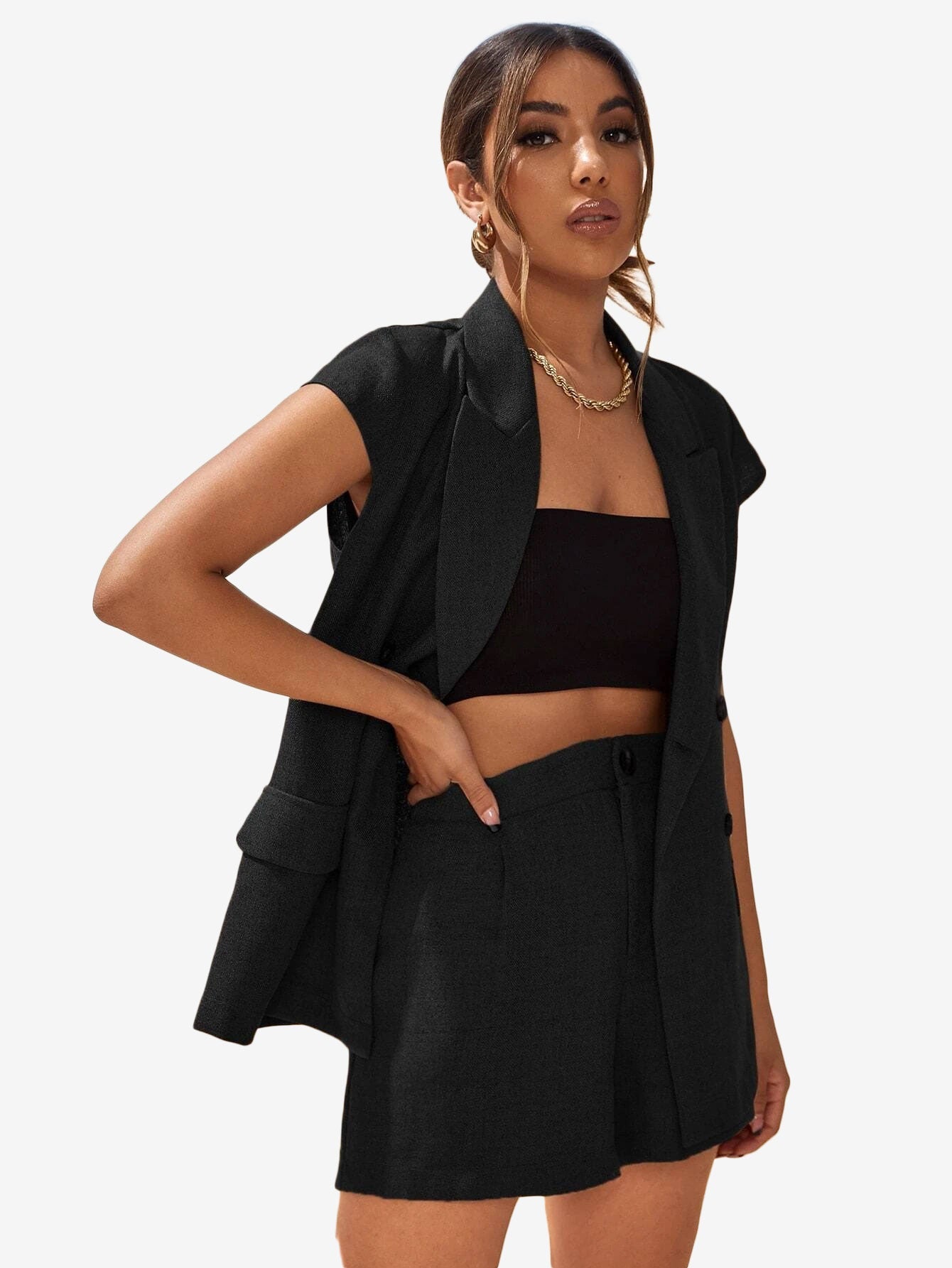 Double Button Vest _ Shorts Suit Set