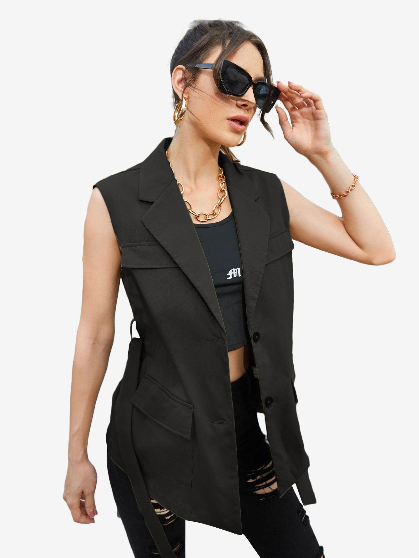 Autumn Lapel Neck Flap Pocket Belted Vest Blazer