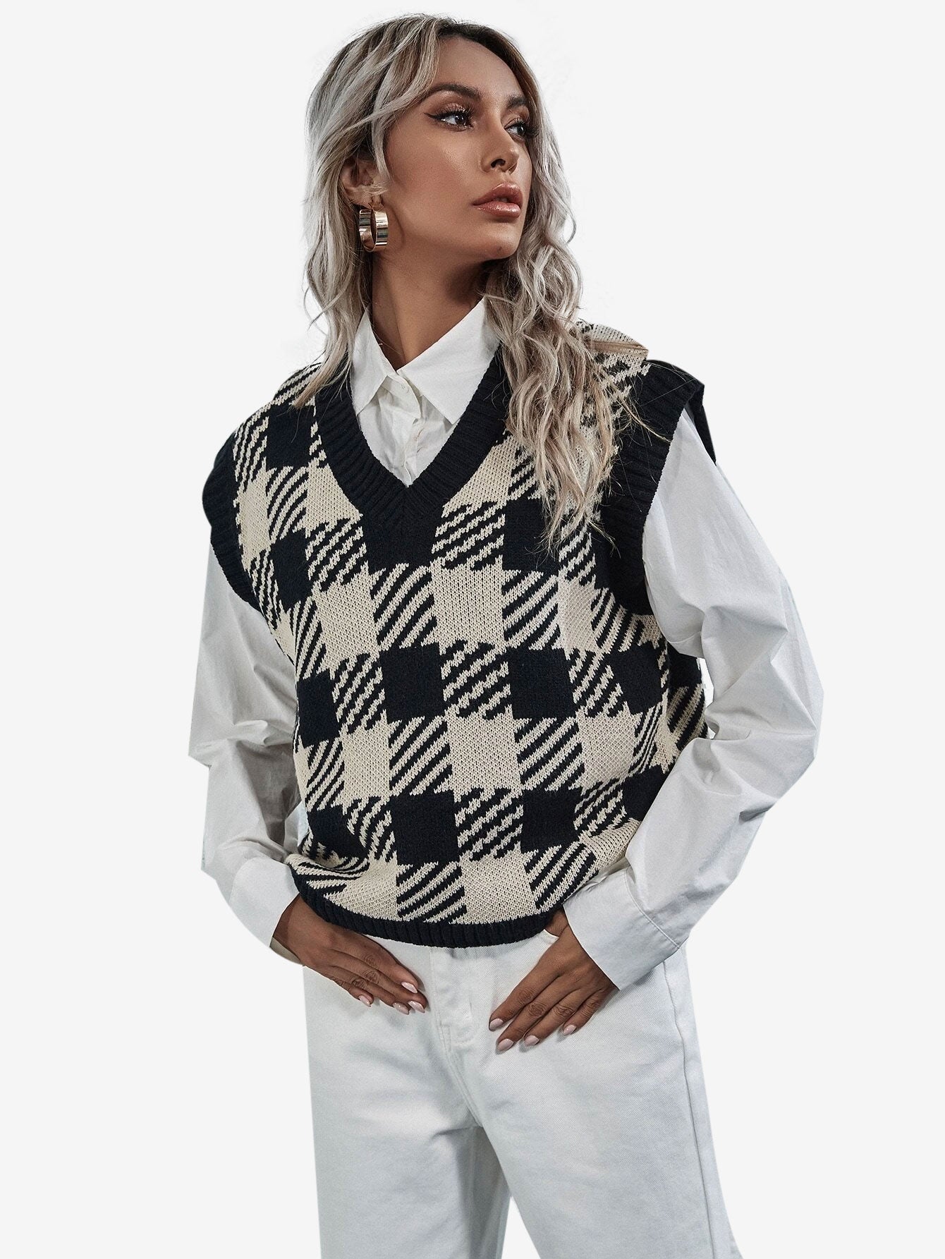 Cute V-neck Gingham Sweater Vest