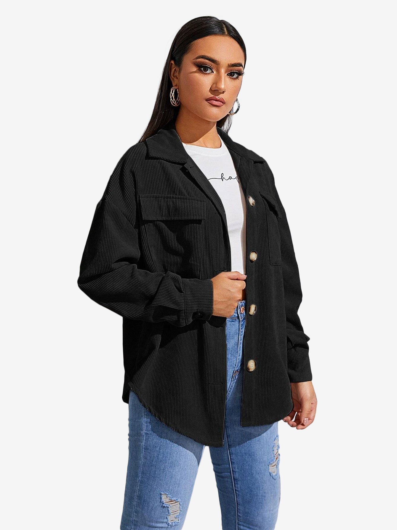 Flap Pocket Drop Shoulder Corduroy Coat