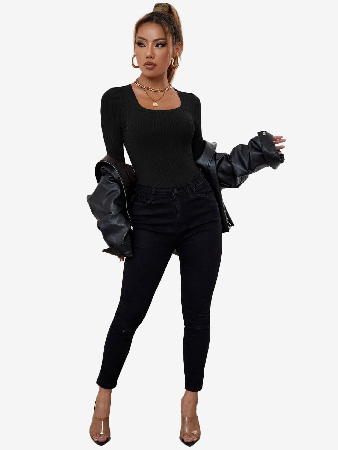 Catchy Ribbed Knit Square Neck Bodysuit