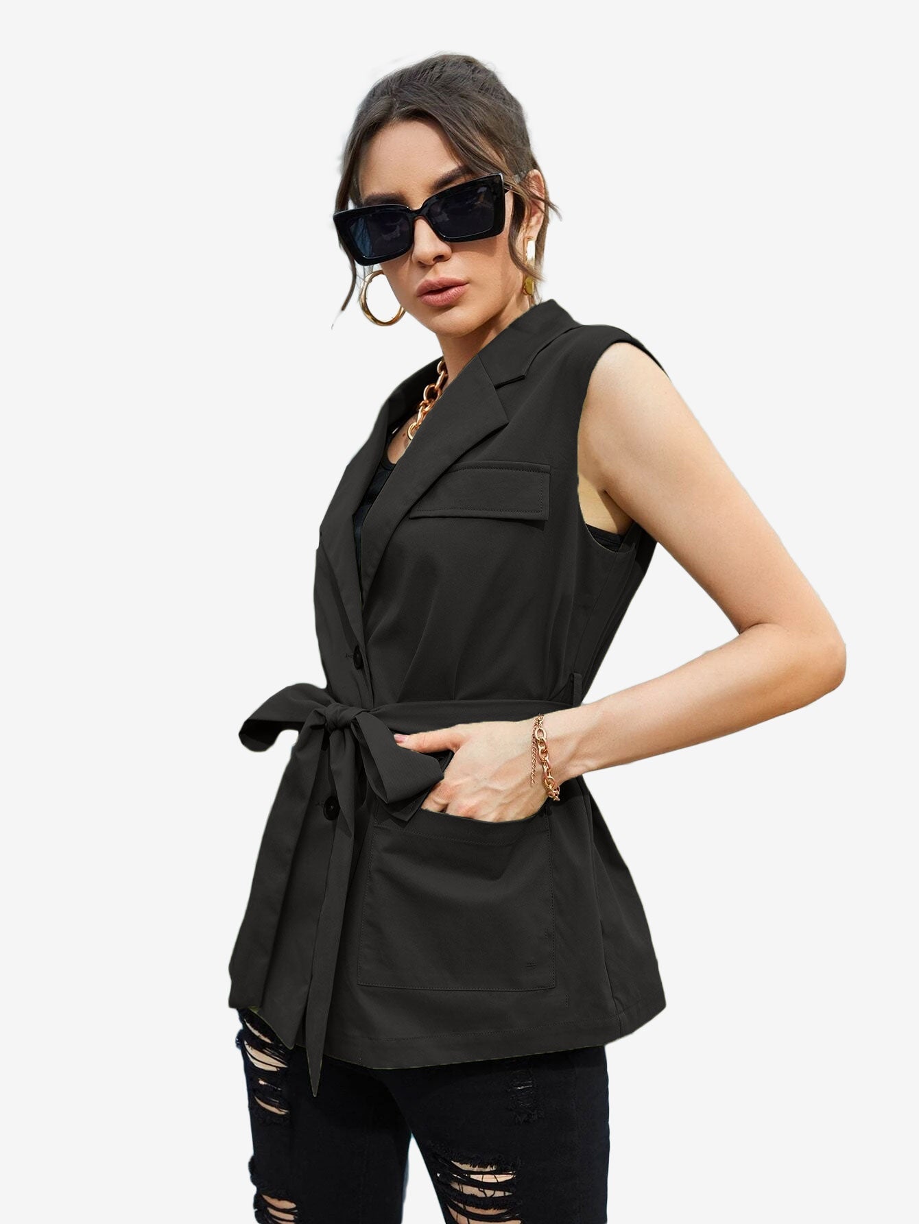 Autumn Lapel Neck Flap Pocket Belted Vest Blazer