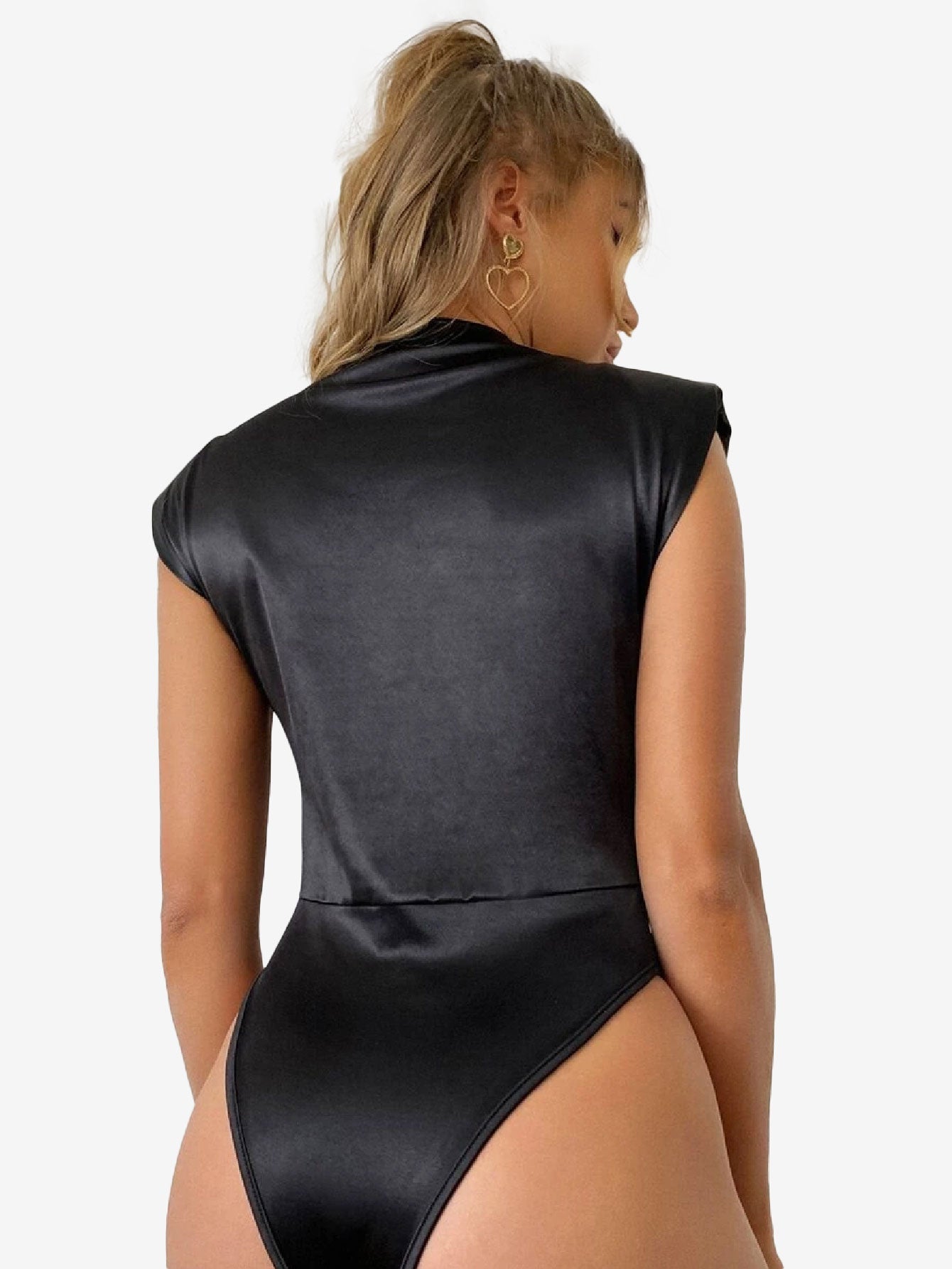 Delightful Shoulder Pad Solid Satin Bodysuit