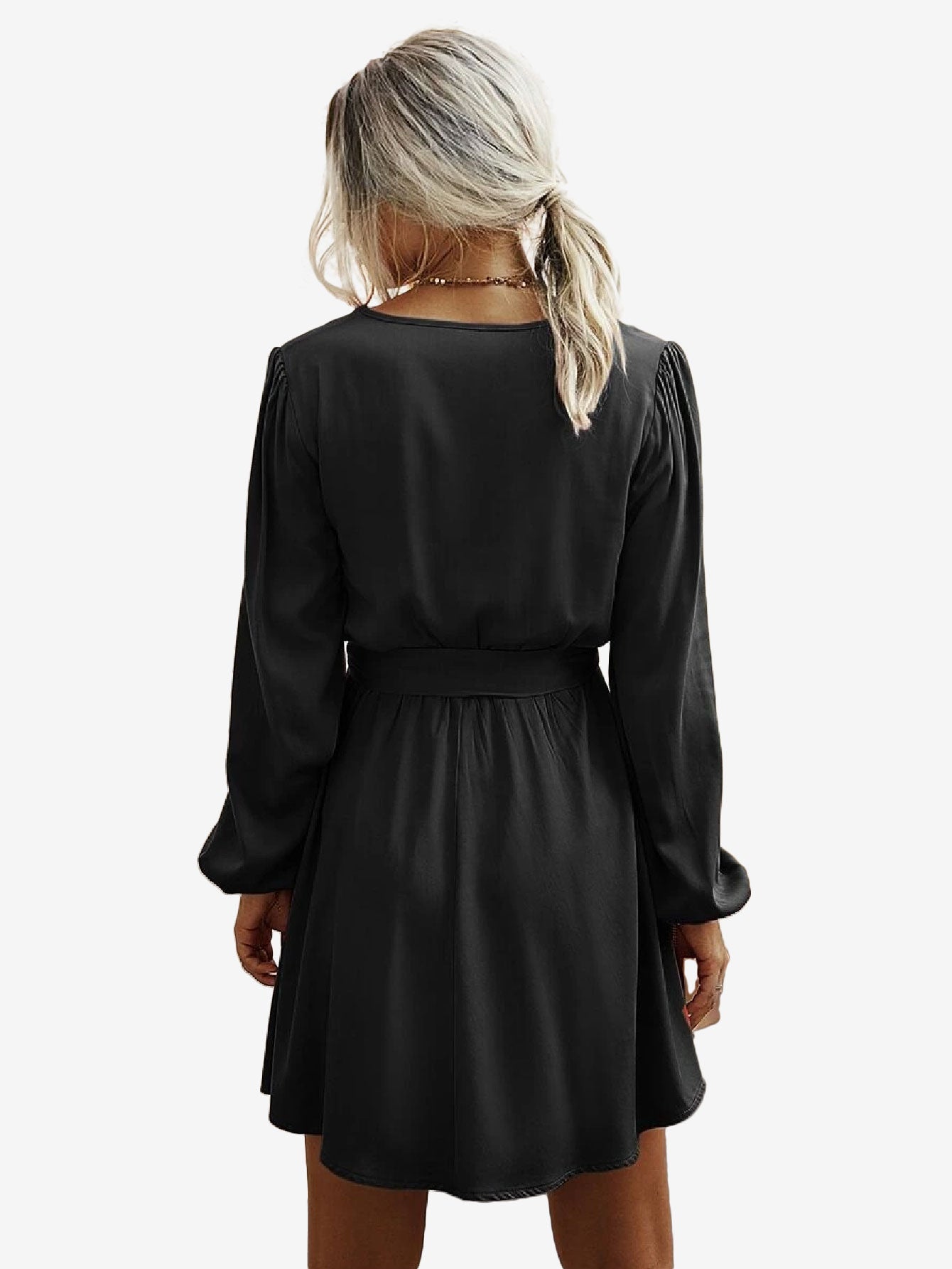 Charming V Neck Lantern Sleeve Belted Dress