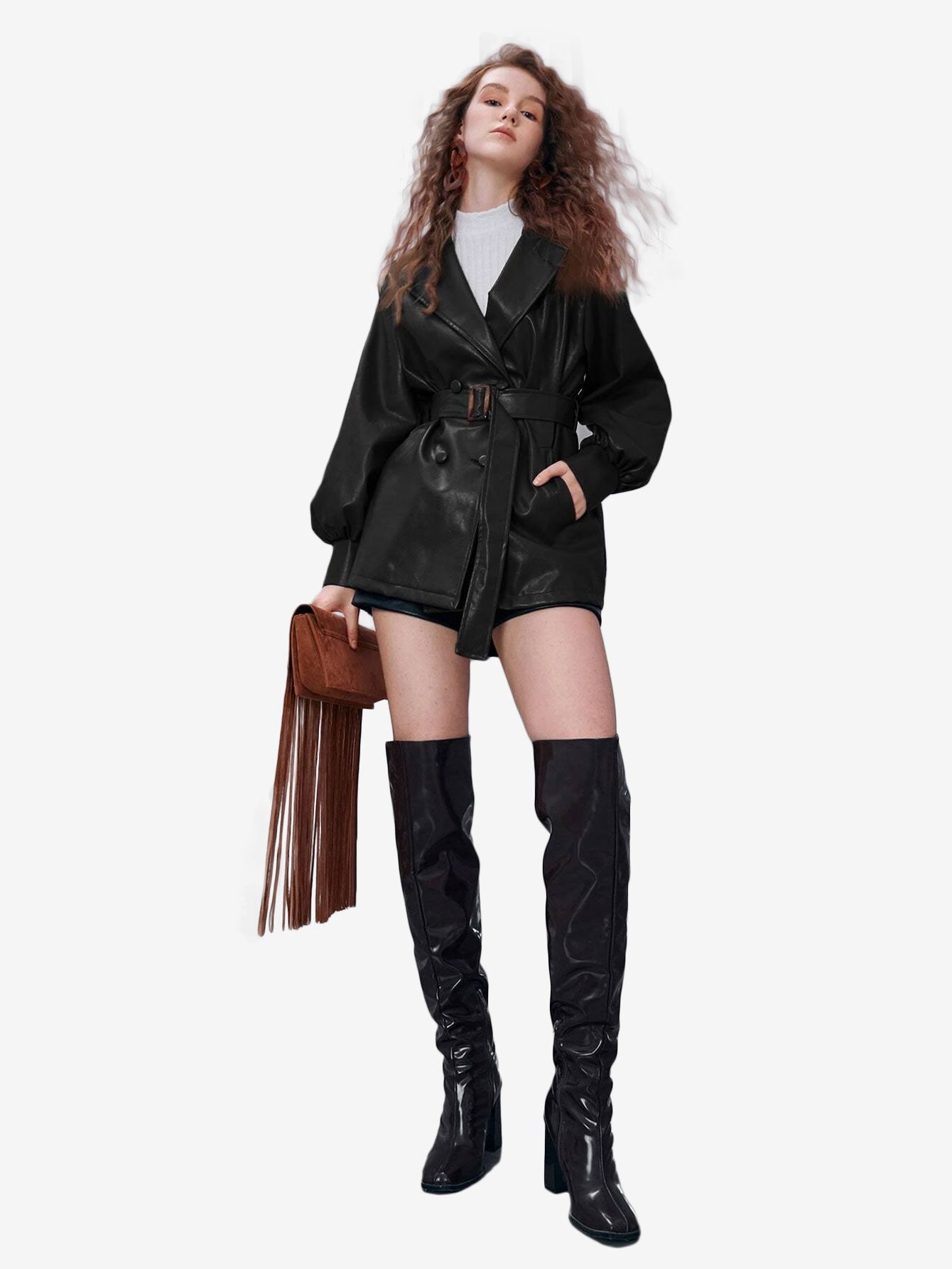 Double Breasted Lapel Neck Lantern Sleeve Belted PU Leather Trench Coat