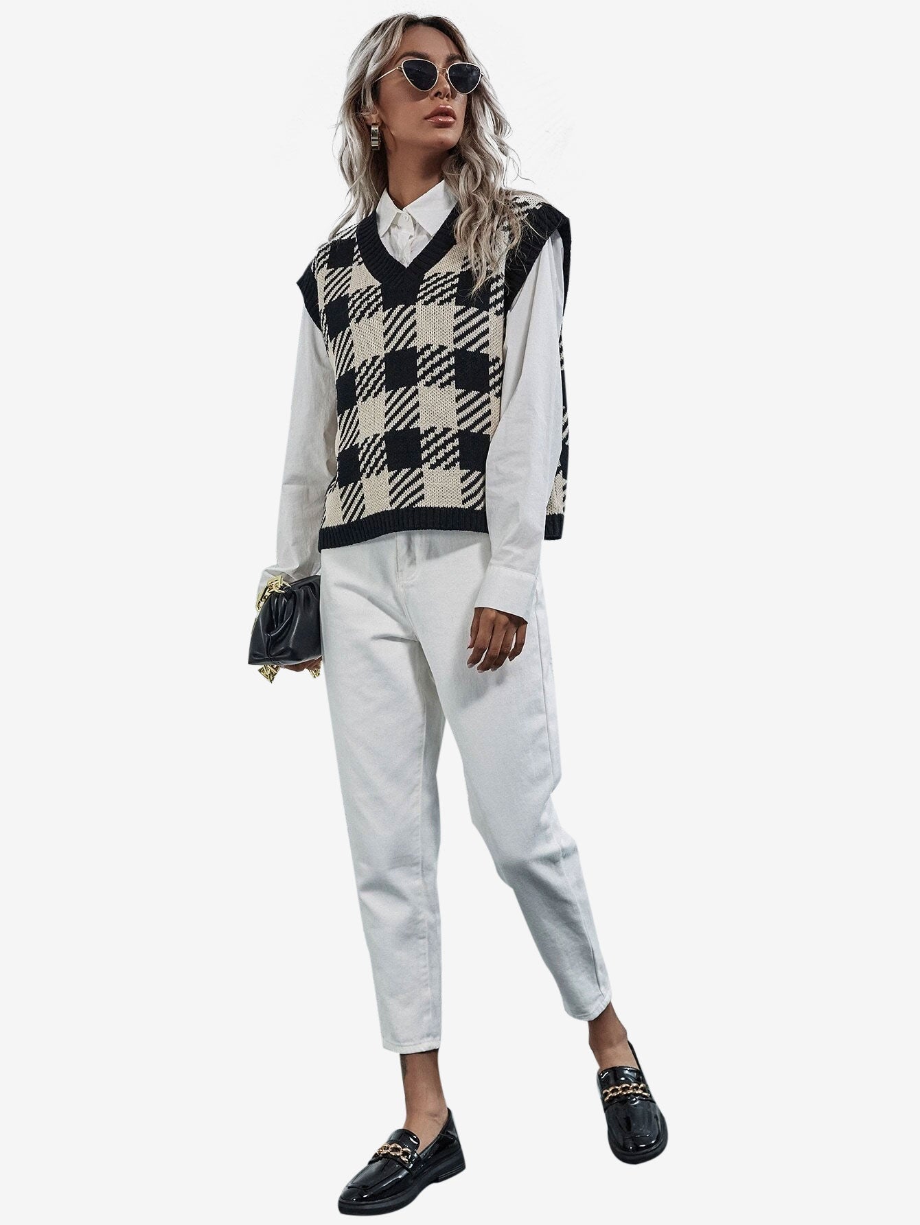 Cute V-neck Gingham Sweater Vest