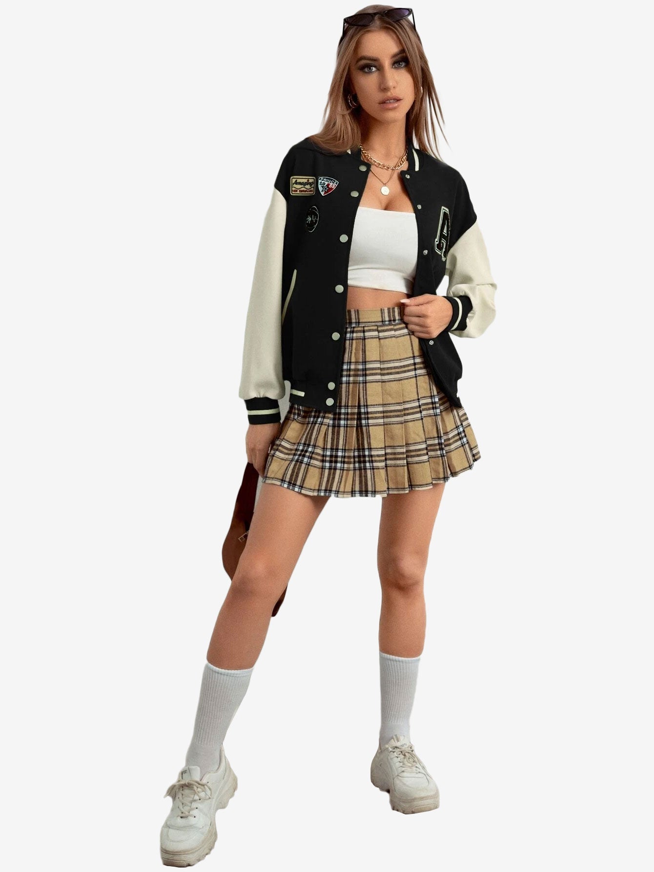 Contrast Sleeve Letter Patched Bomber Jacket