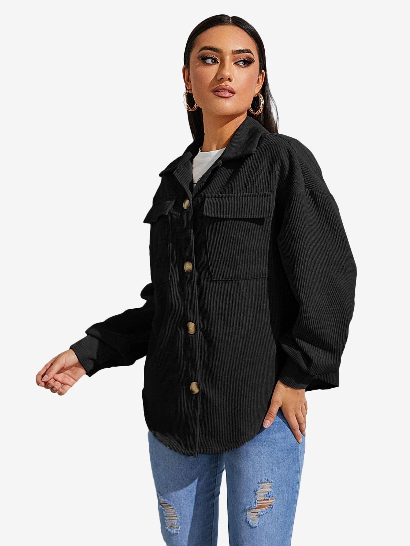 Flap Pocket Drop Shoulder Corduroy Coat