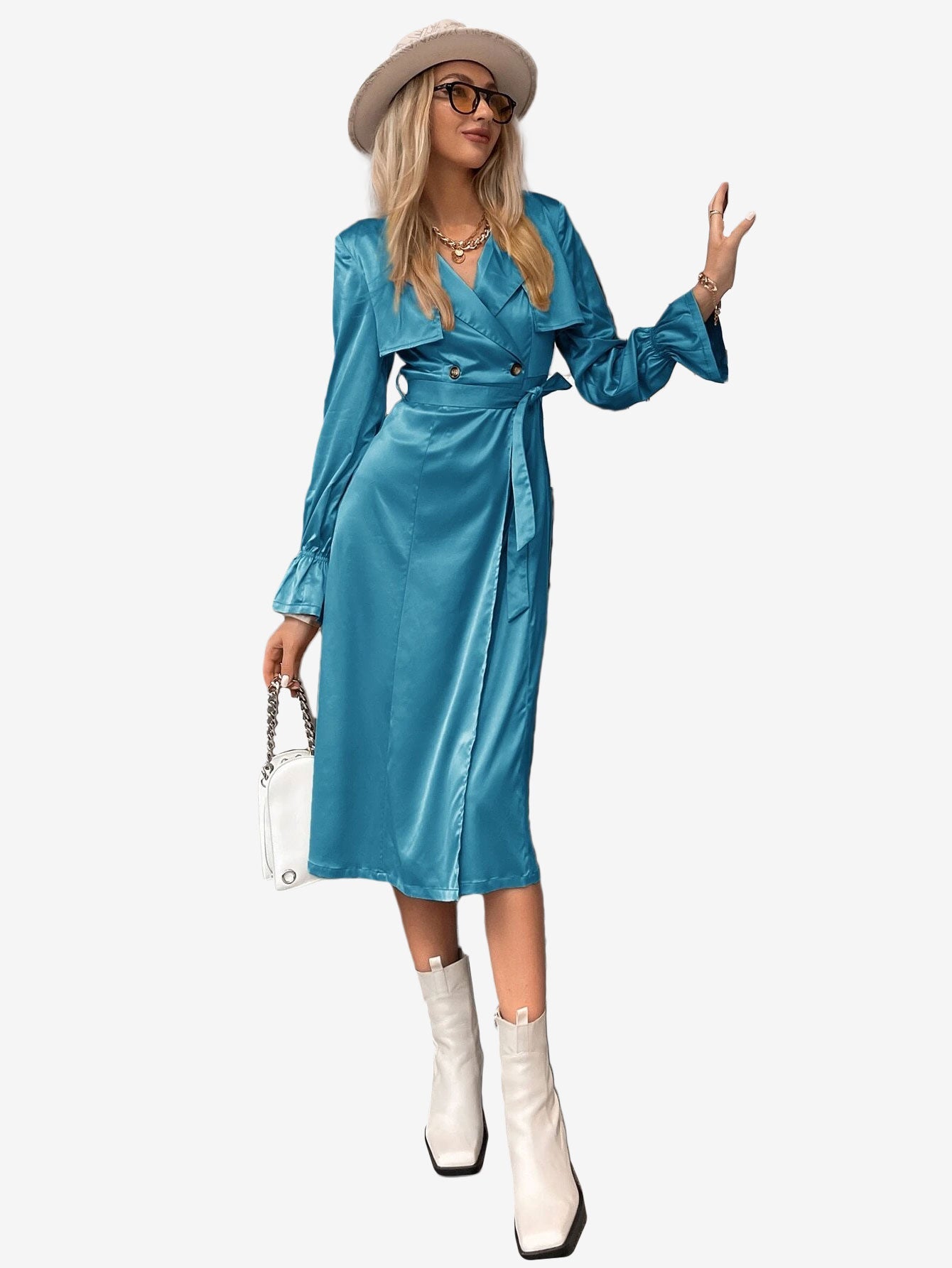 Flounce Sleeve Belted Longline Satin Trench Coat