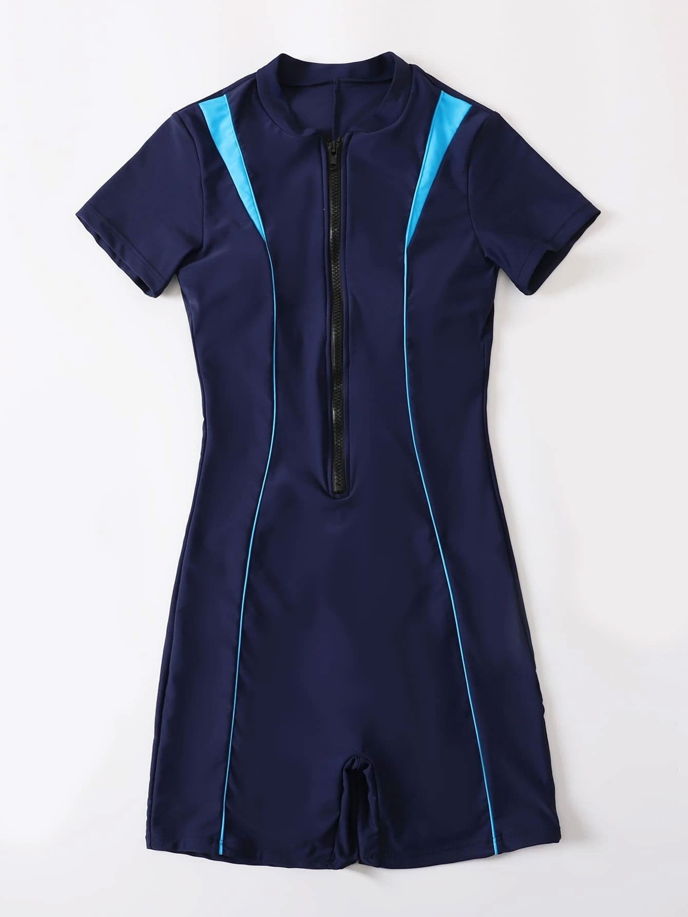 Contrast Binding Zipper Front One Piece Swimsuit