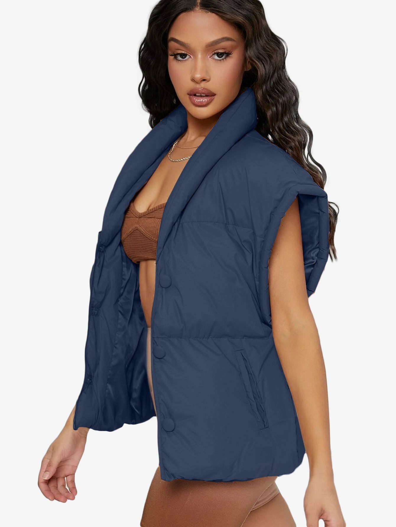 Shawl Collar Slant Pockets Puffer Vest Coat