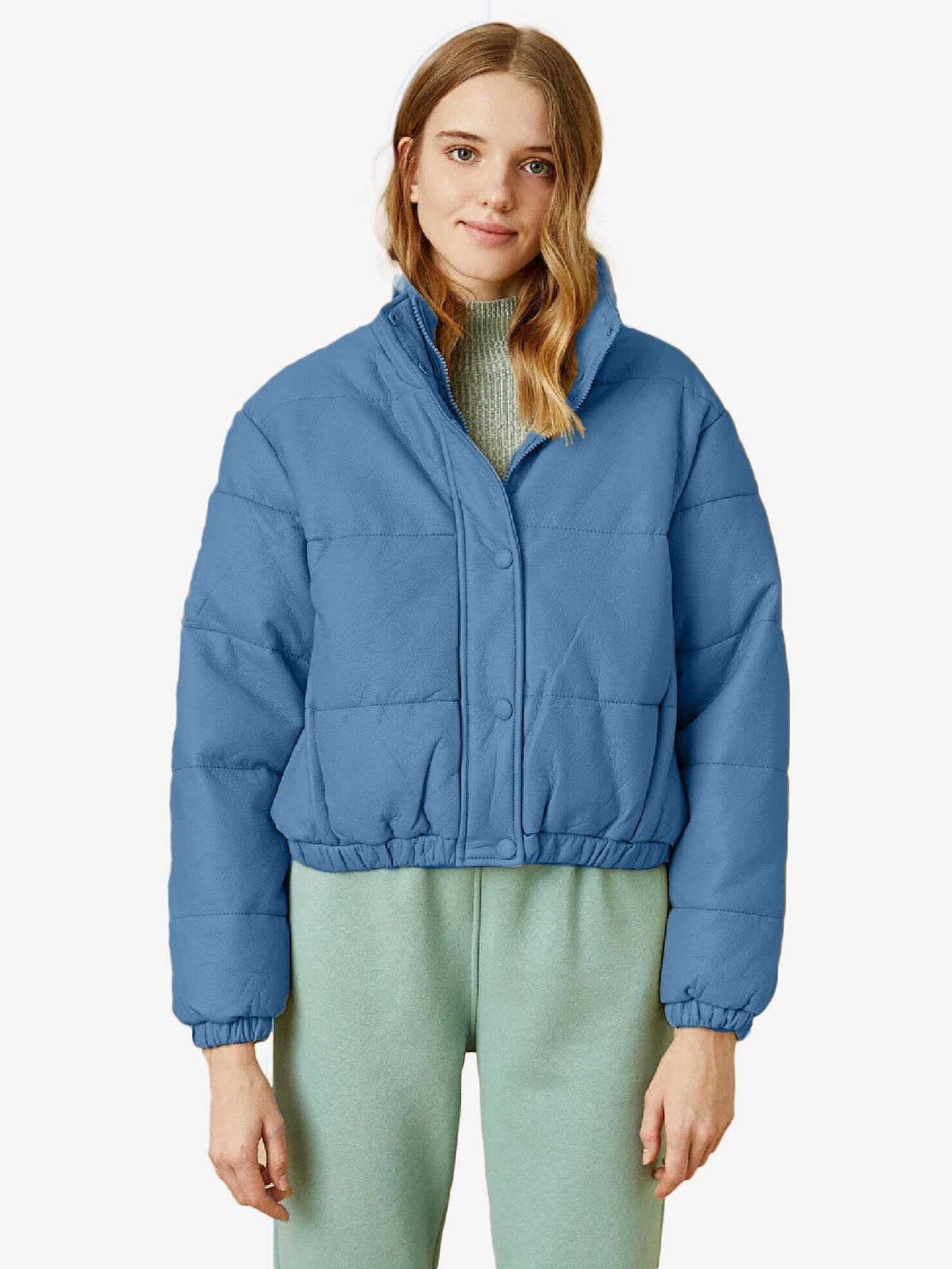 Cozy Zip Up Faux Leather Puffer Jacket