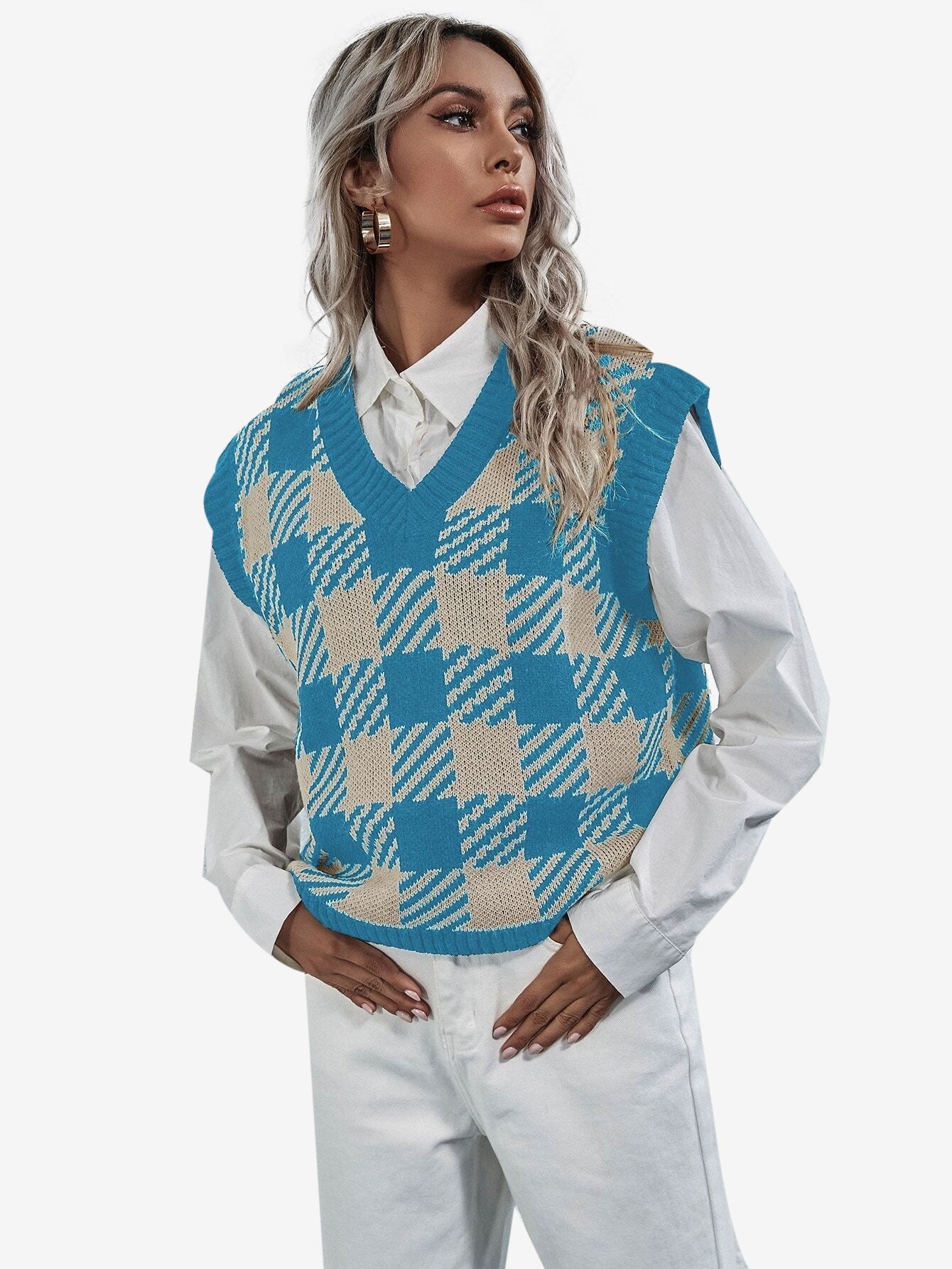 Cute V-neck Gingham Sweater Vest
