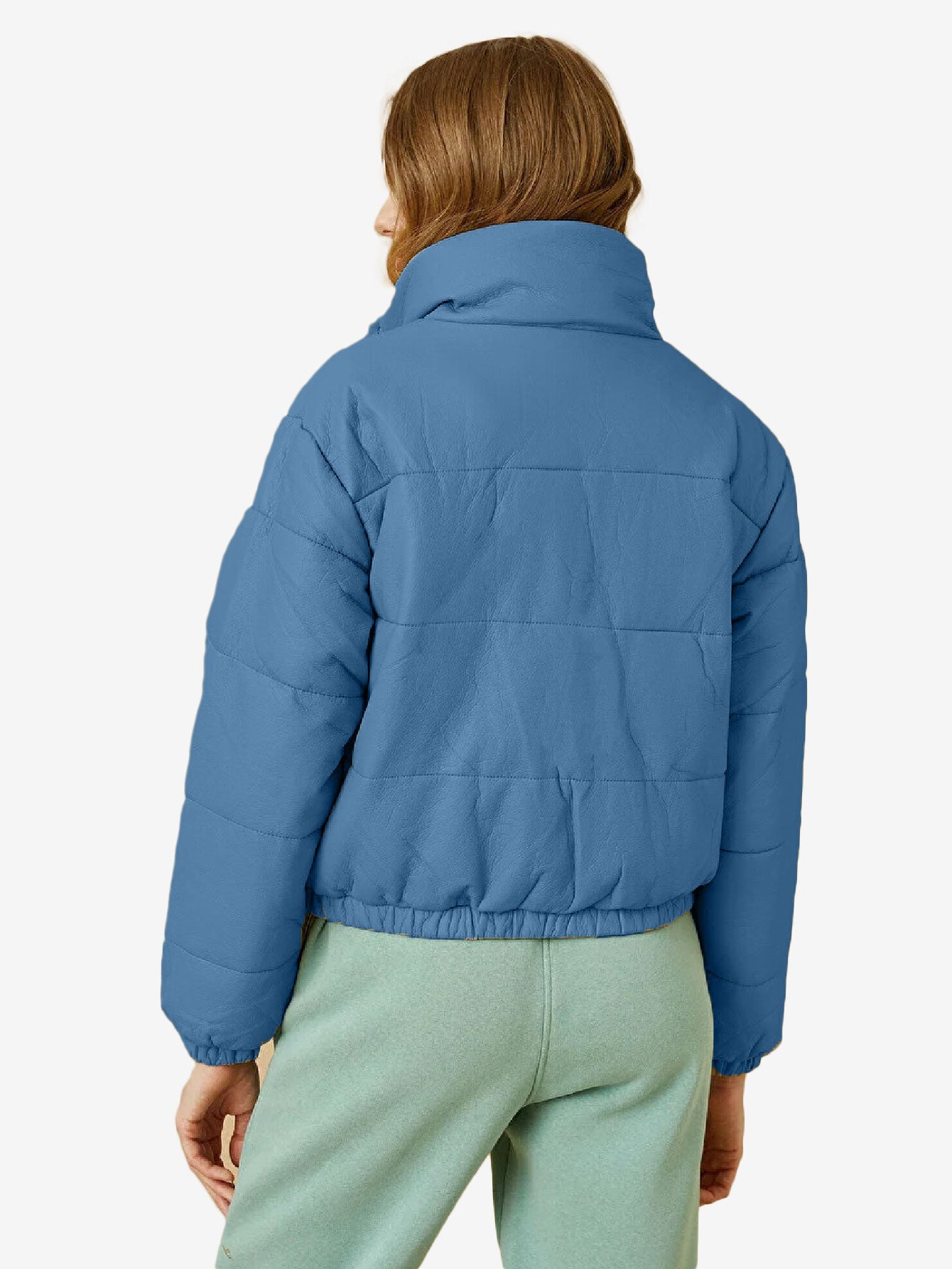 Cozy Zip Up Faux Leather Puffer Jacket