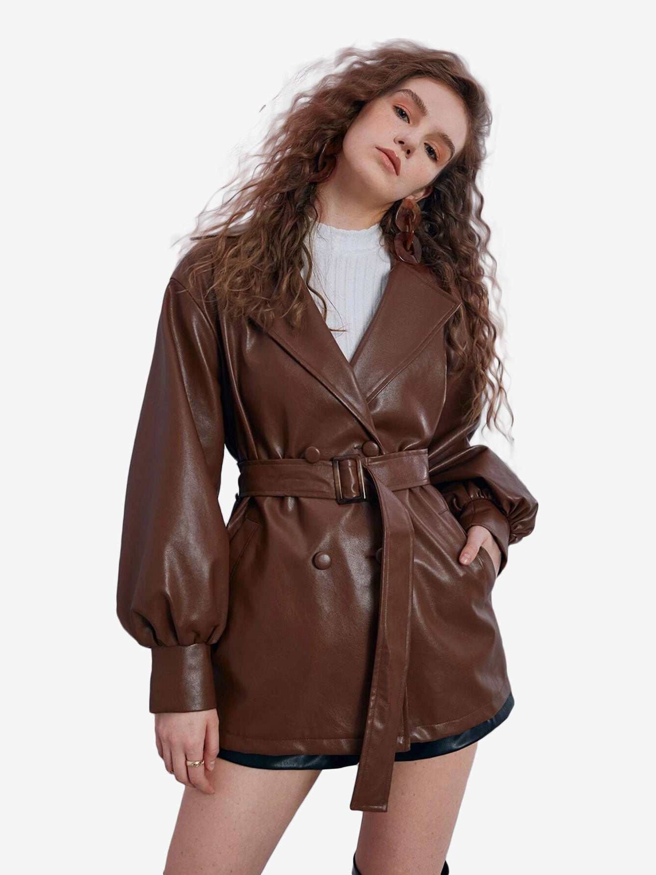 Double Breasted Lapel Neck Lantern Sleeve Belted PU Leather Trench Coat