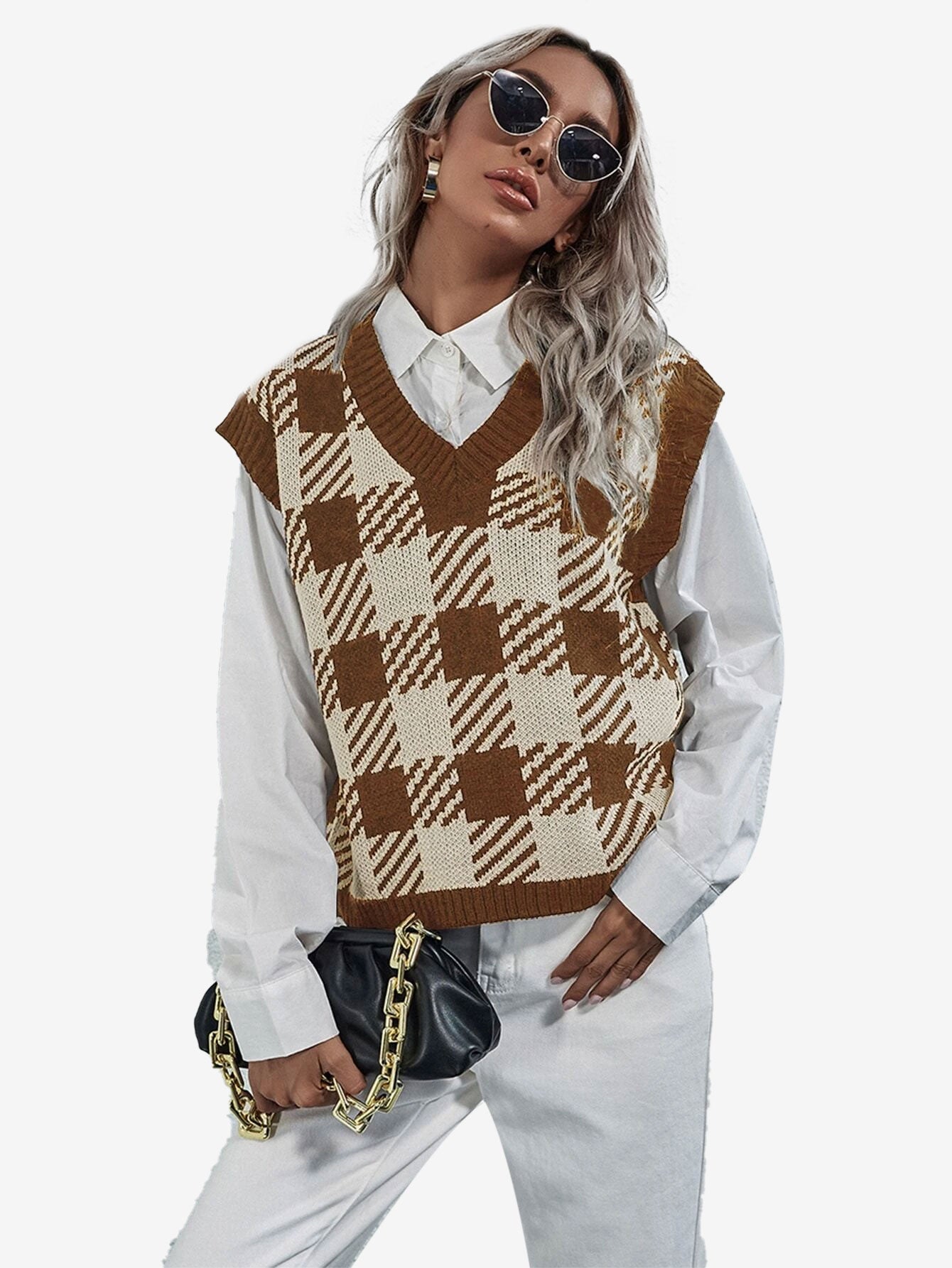 Cute V-neck Gingham Sweater Vest