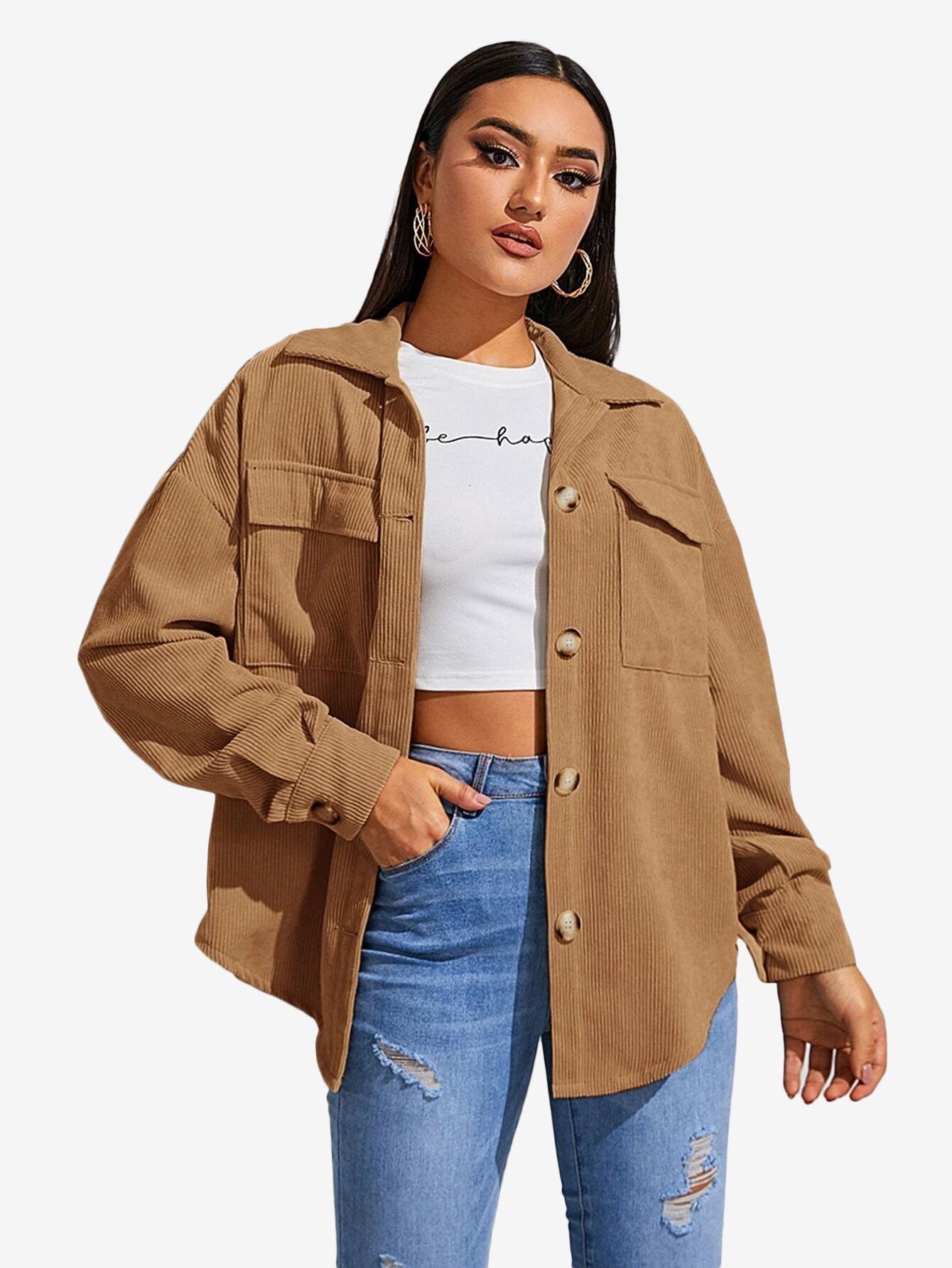 Flap Pocket Drop Shoulder Corduroy Coat
