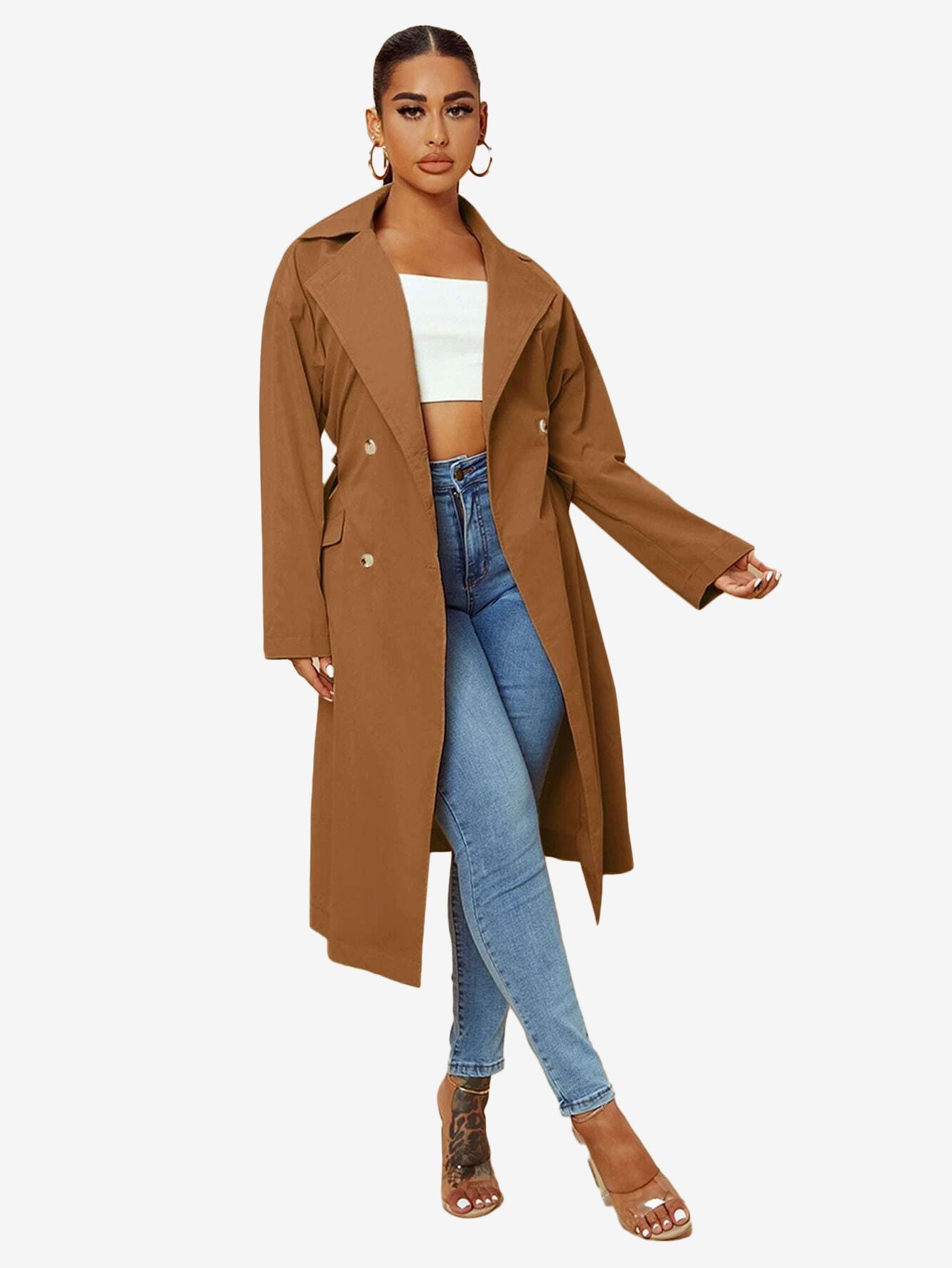 Double Breasted Lapel Neck Belted Trench Coat