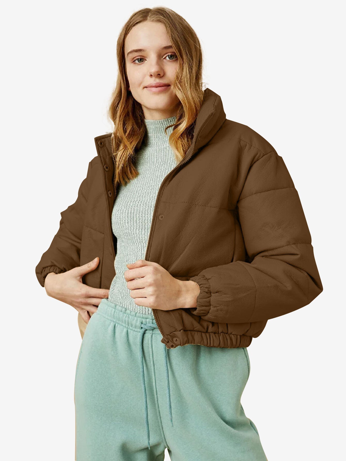 Cozy Zip Up Faux Leather Puffer Jacket