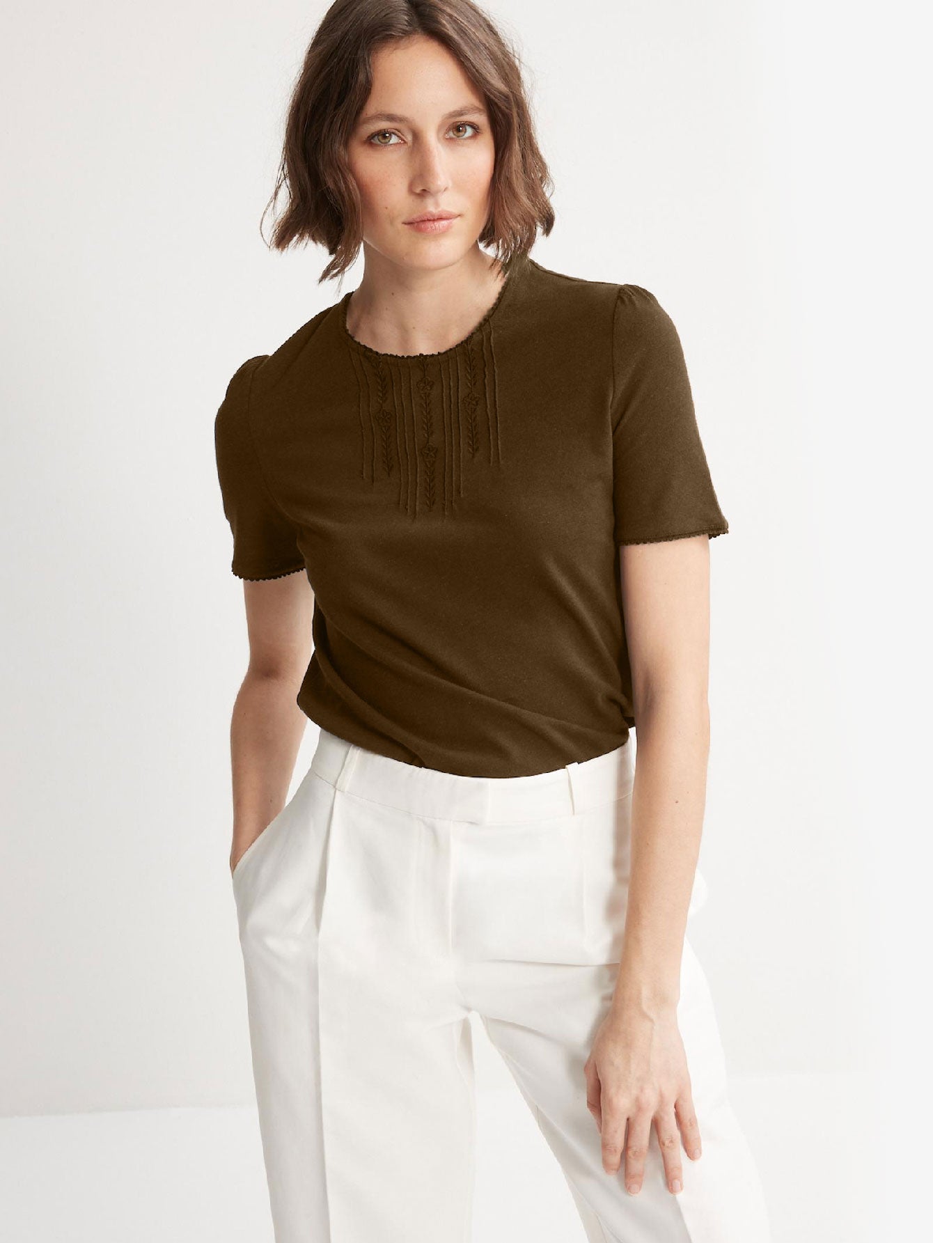 Embroidered Linen And Cotton T-shirt