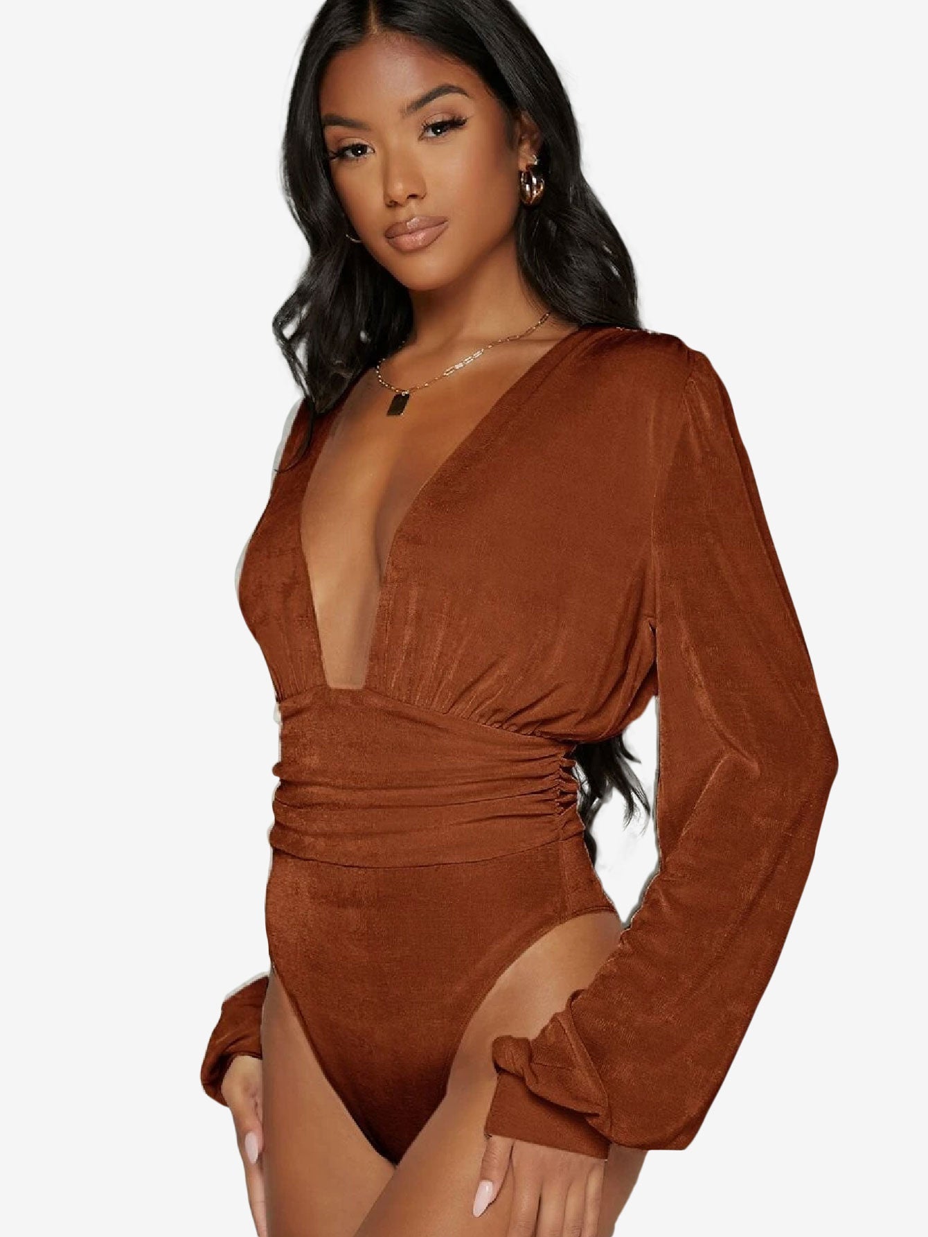 Arouse Plunging Neck Lantern Sleeve Bodysuit