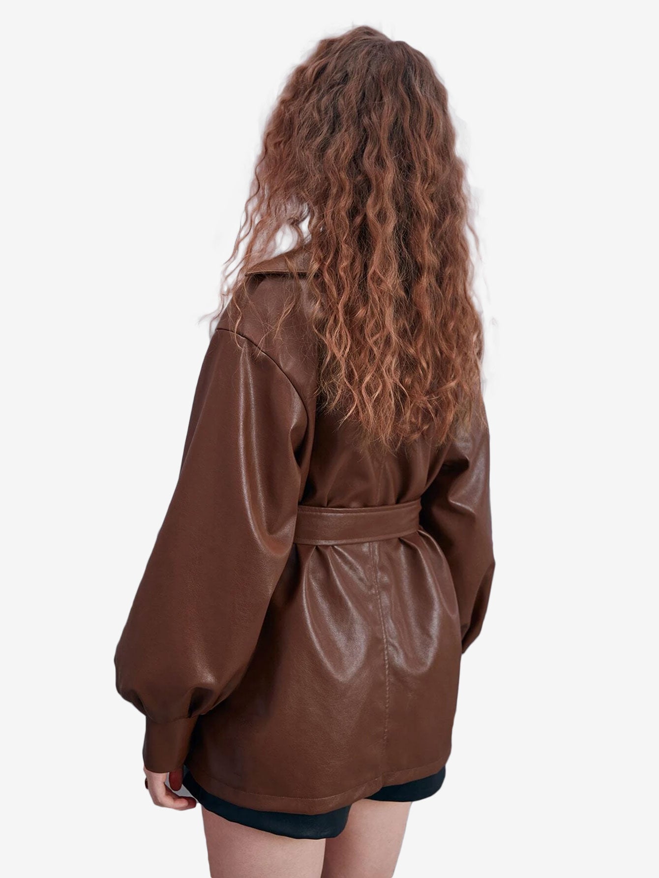 Double Breasted Lapel Neck Lantern Sleeve Belted PU Leather Trench Coat