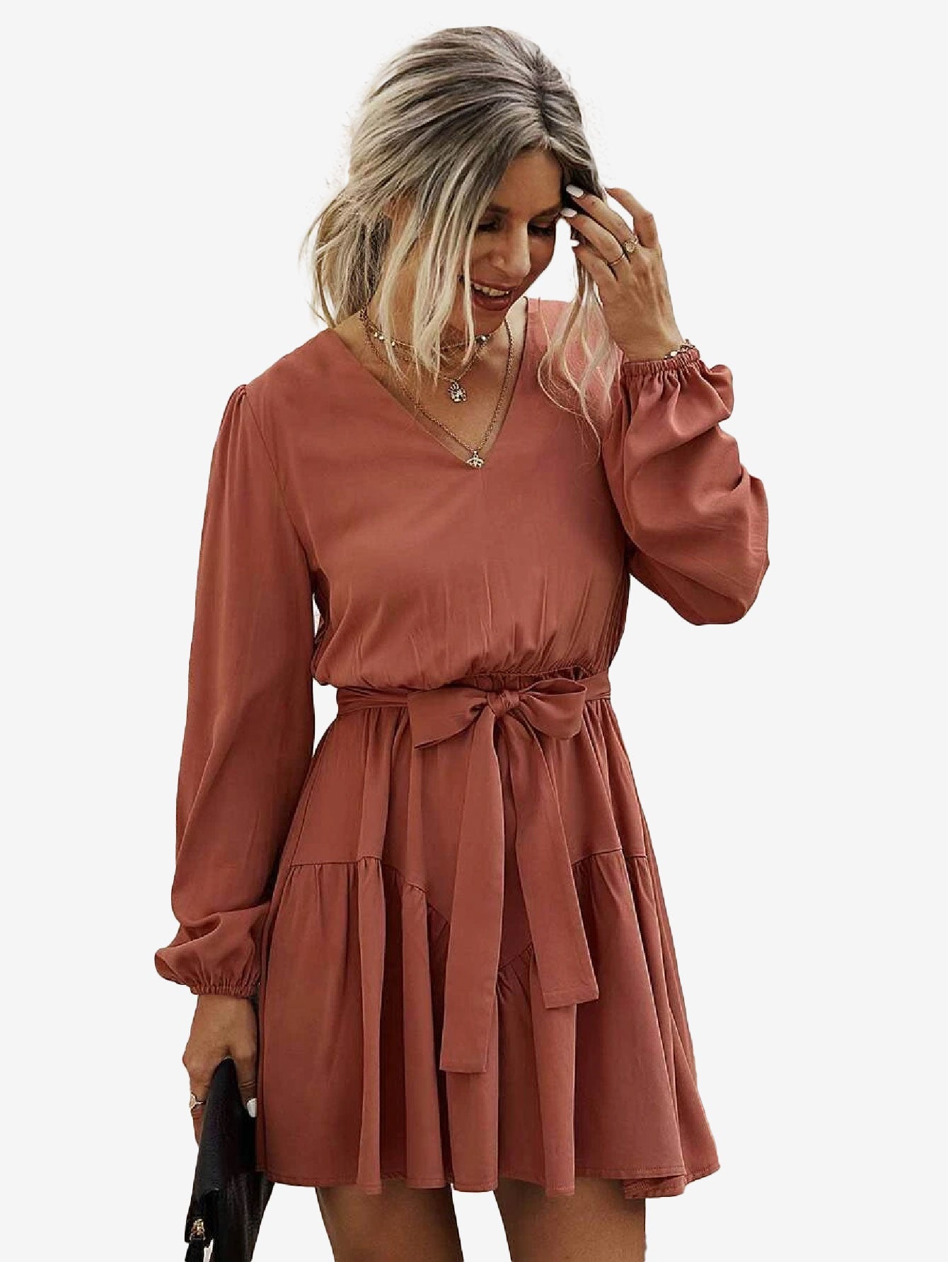 Charming V Neck Lantern Sleeve Belted Dress