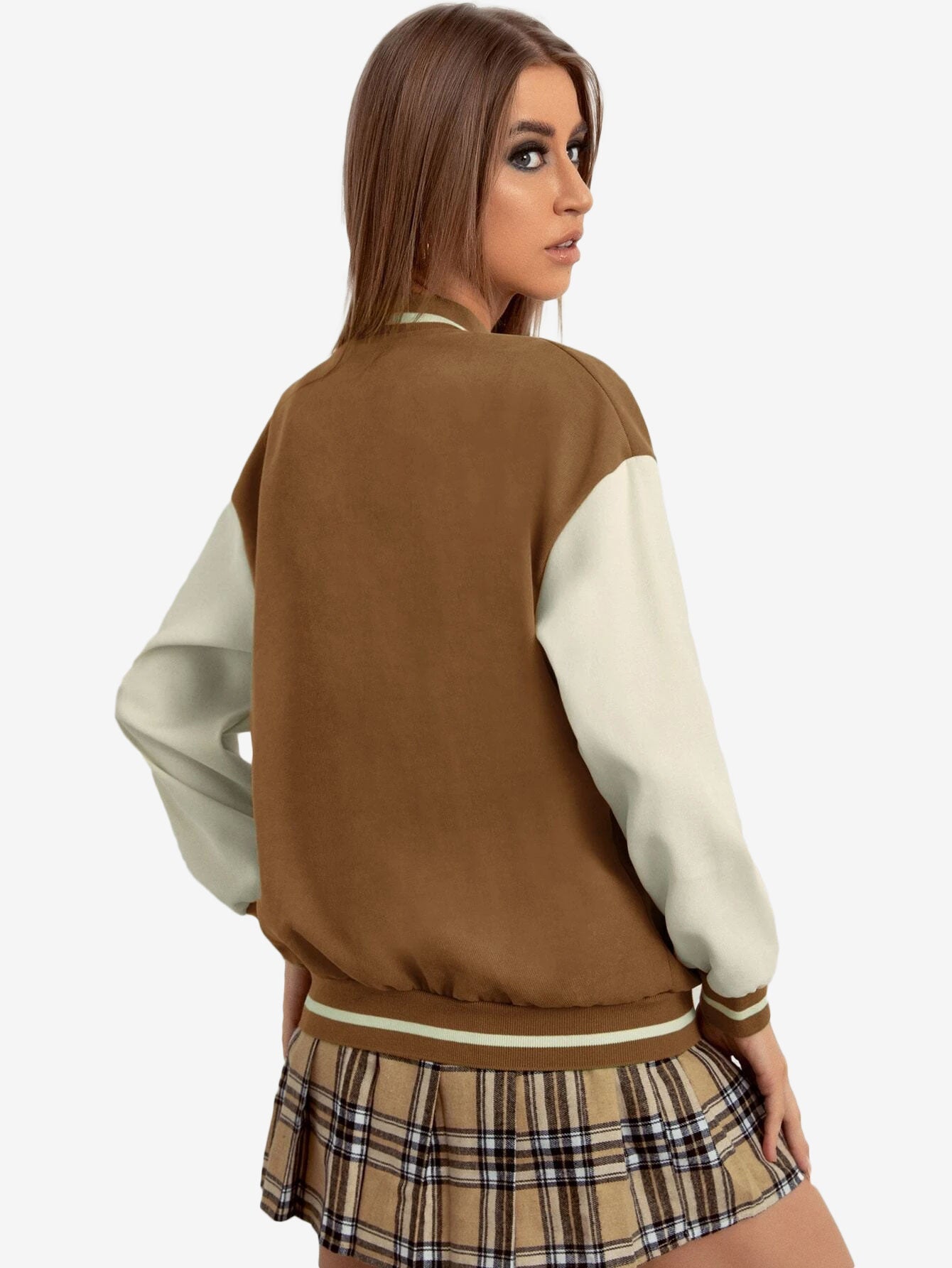 Contrast Sleeve Letter Patched Bomber Jacket