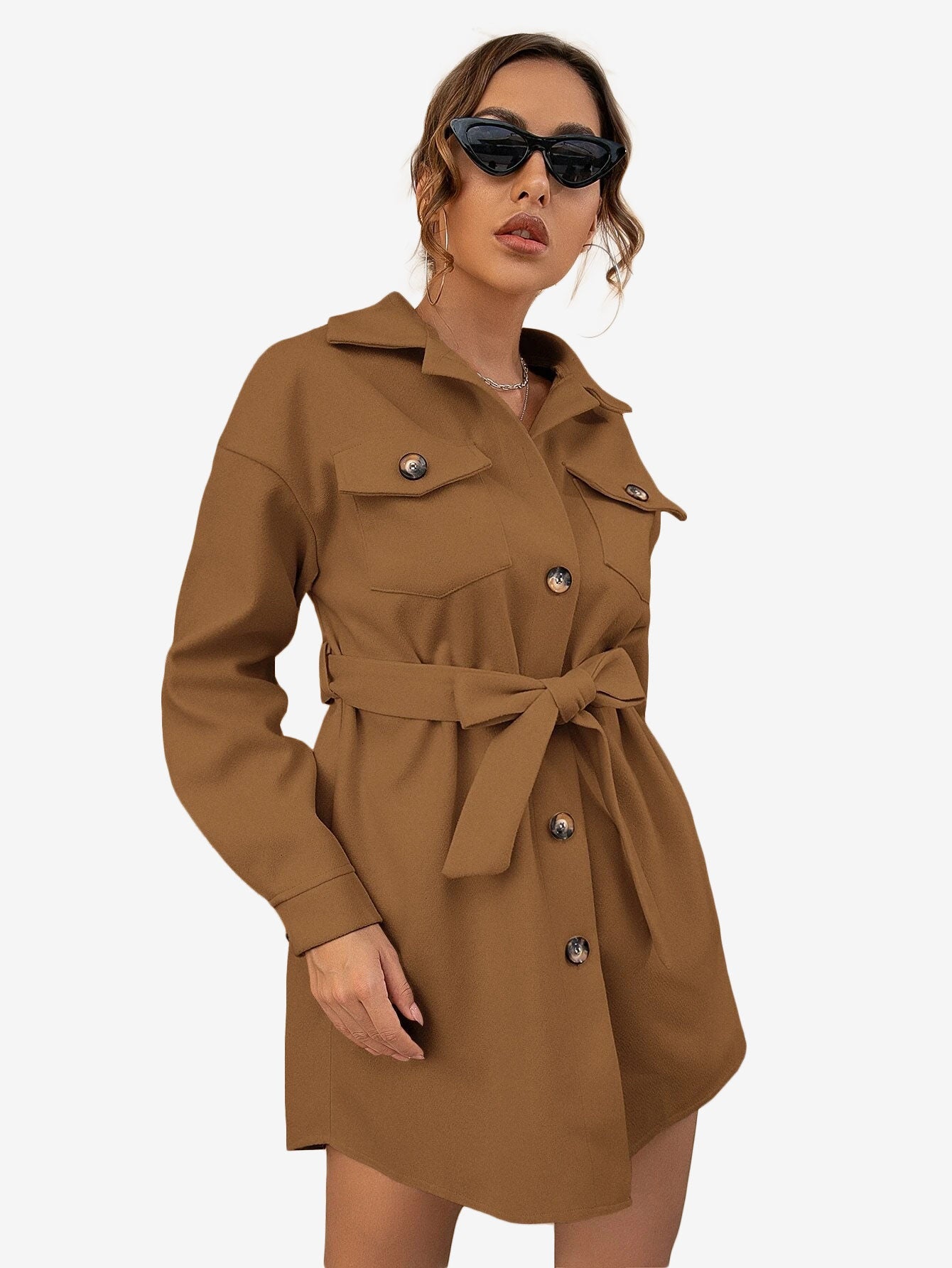 Drop Shoulder Flap Pocket Belted Overcoat
