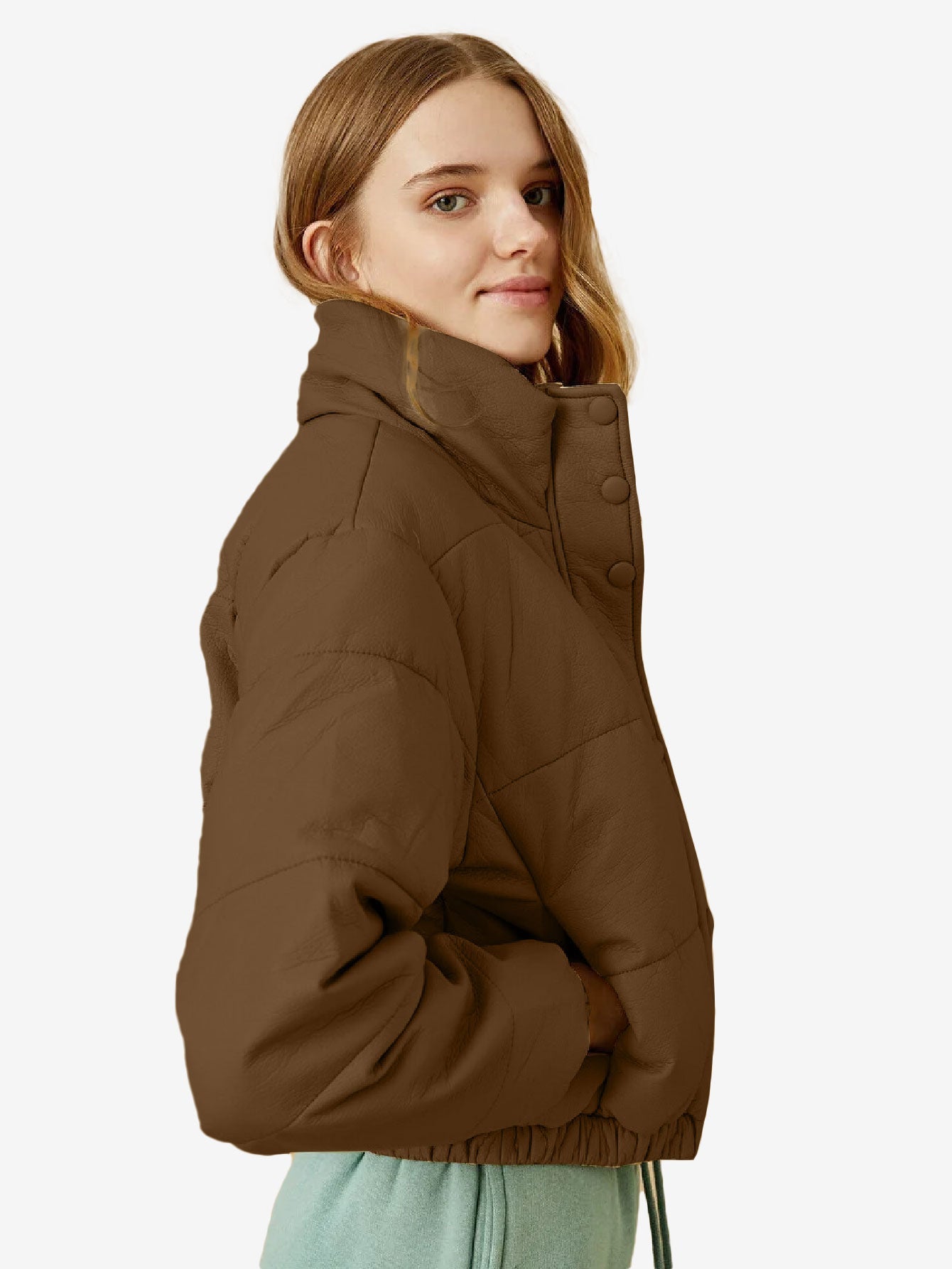 Cozy Zip Up Faux Leather Puffer Jacket