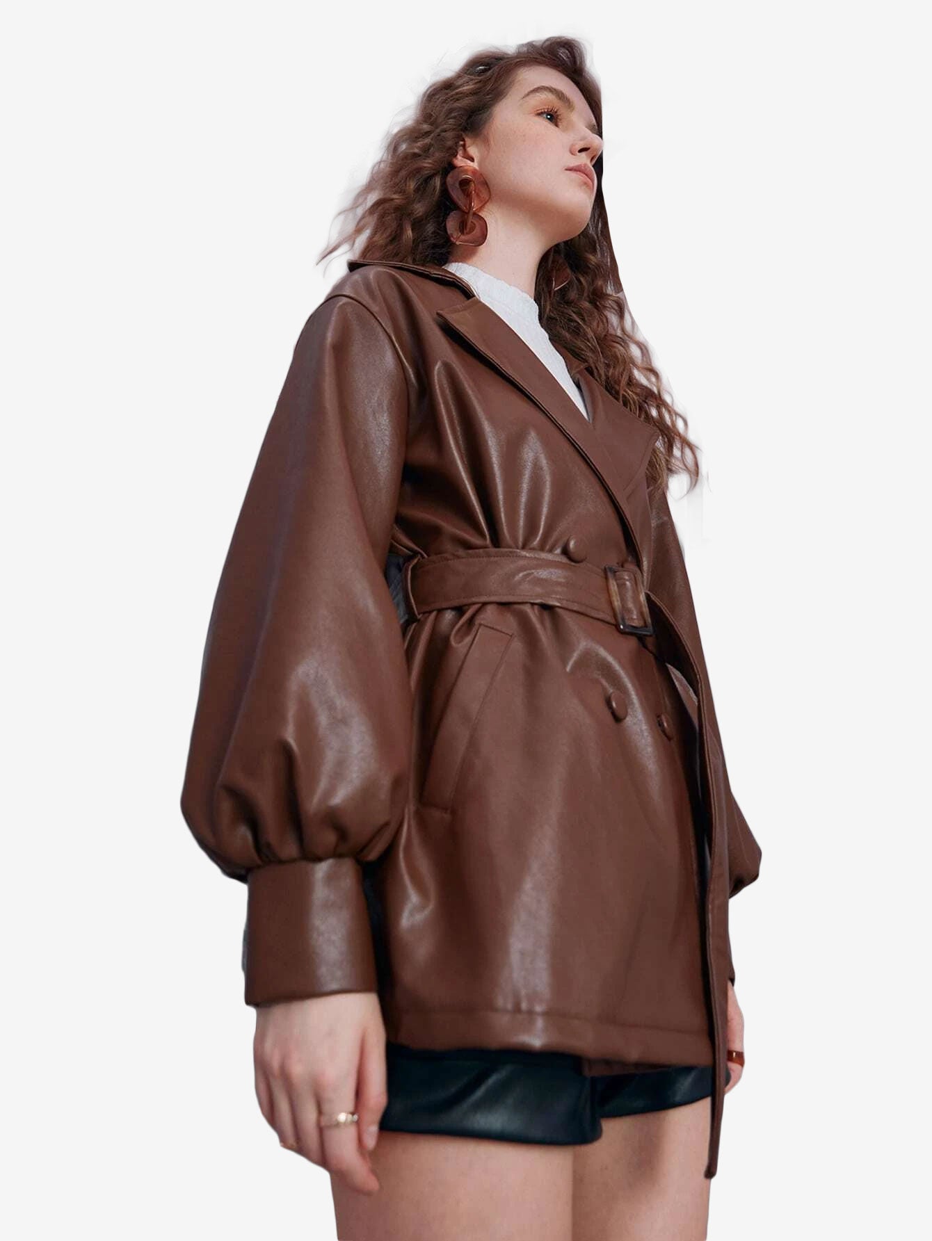 Double Breasted Lapel Neck Lantern Sleeve Belted PU Leather Trench Coat