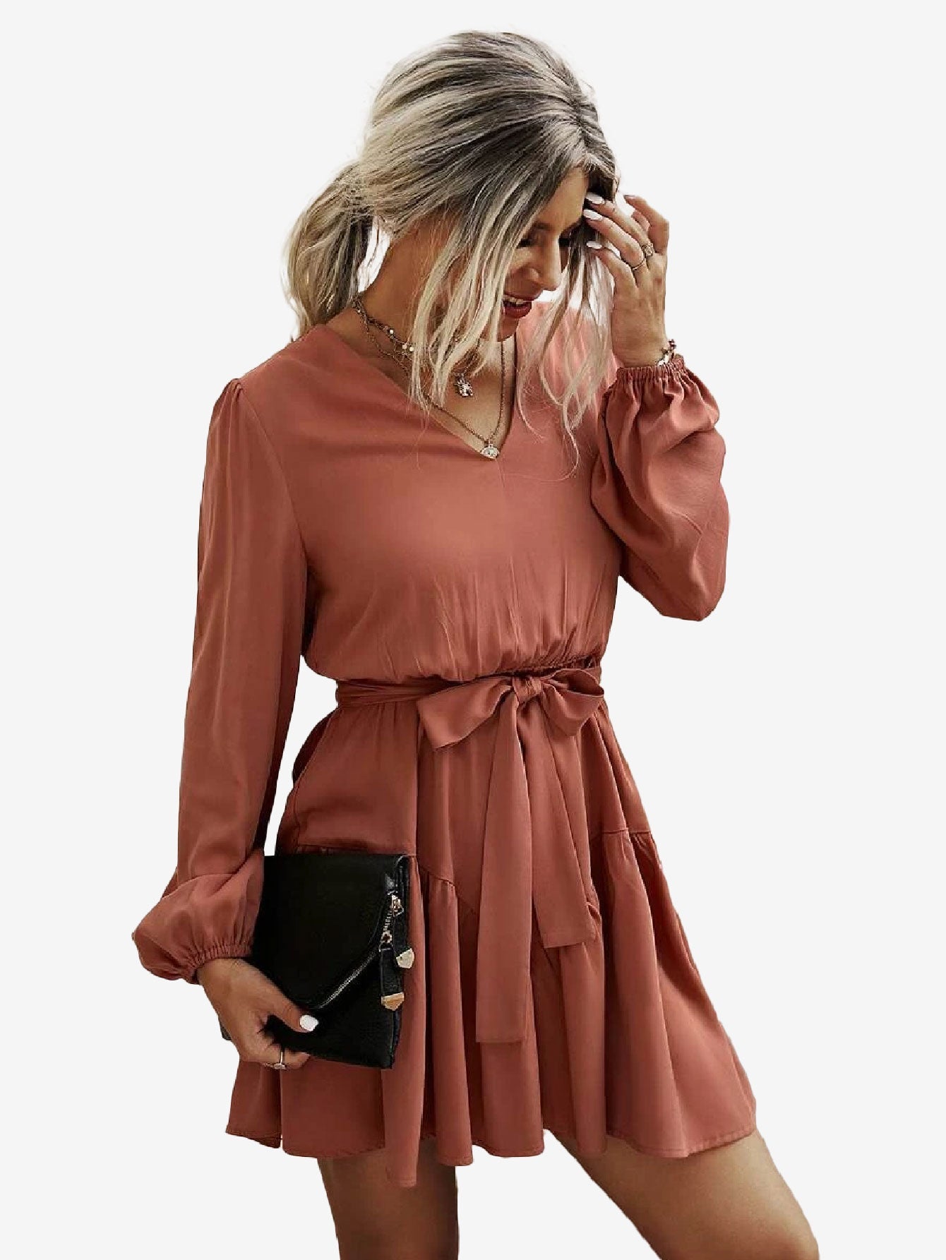 Charming V Neck Lantern Sleeve Belted Dress