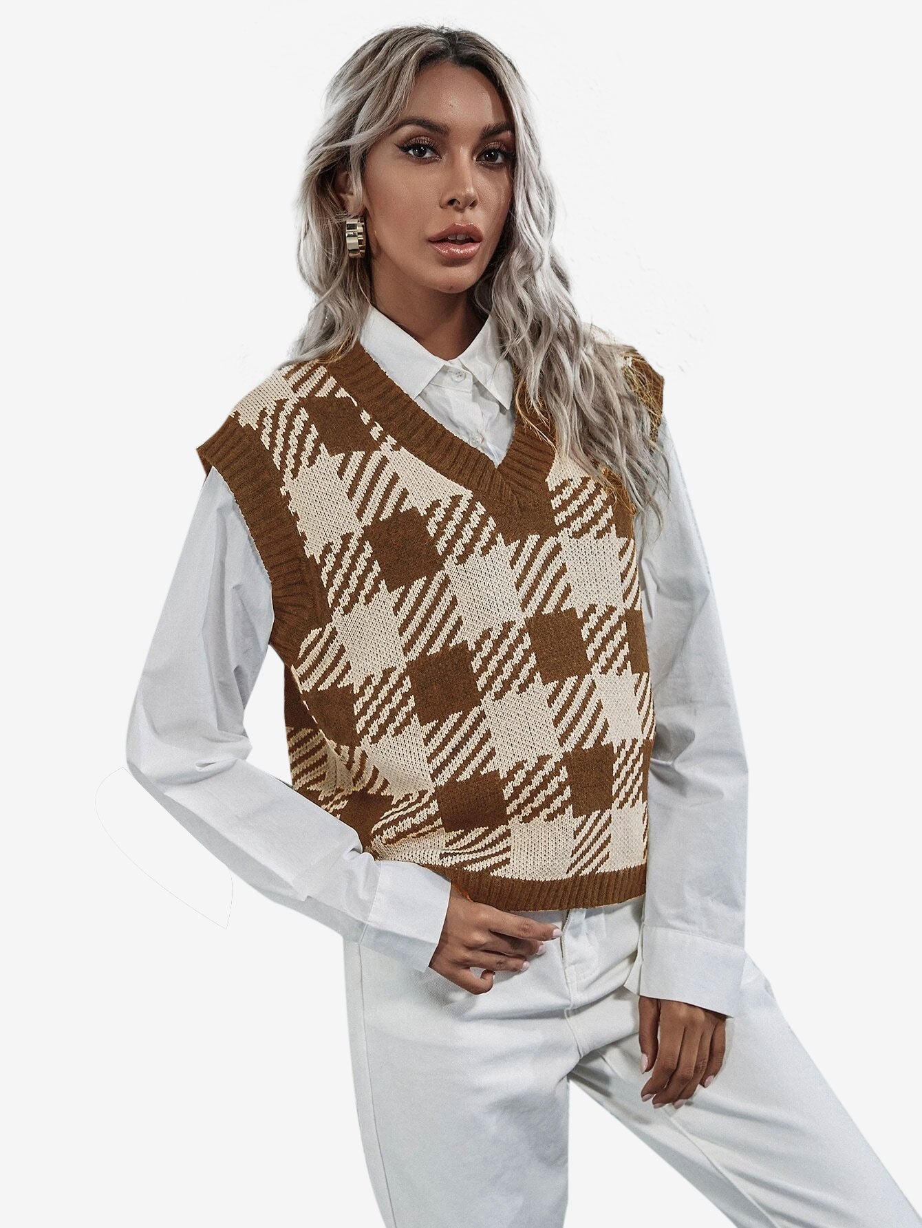 Cute V-neck Gingham Sweater Vest