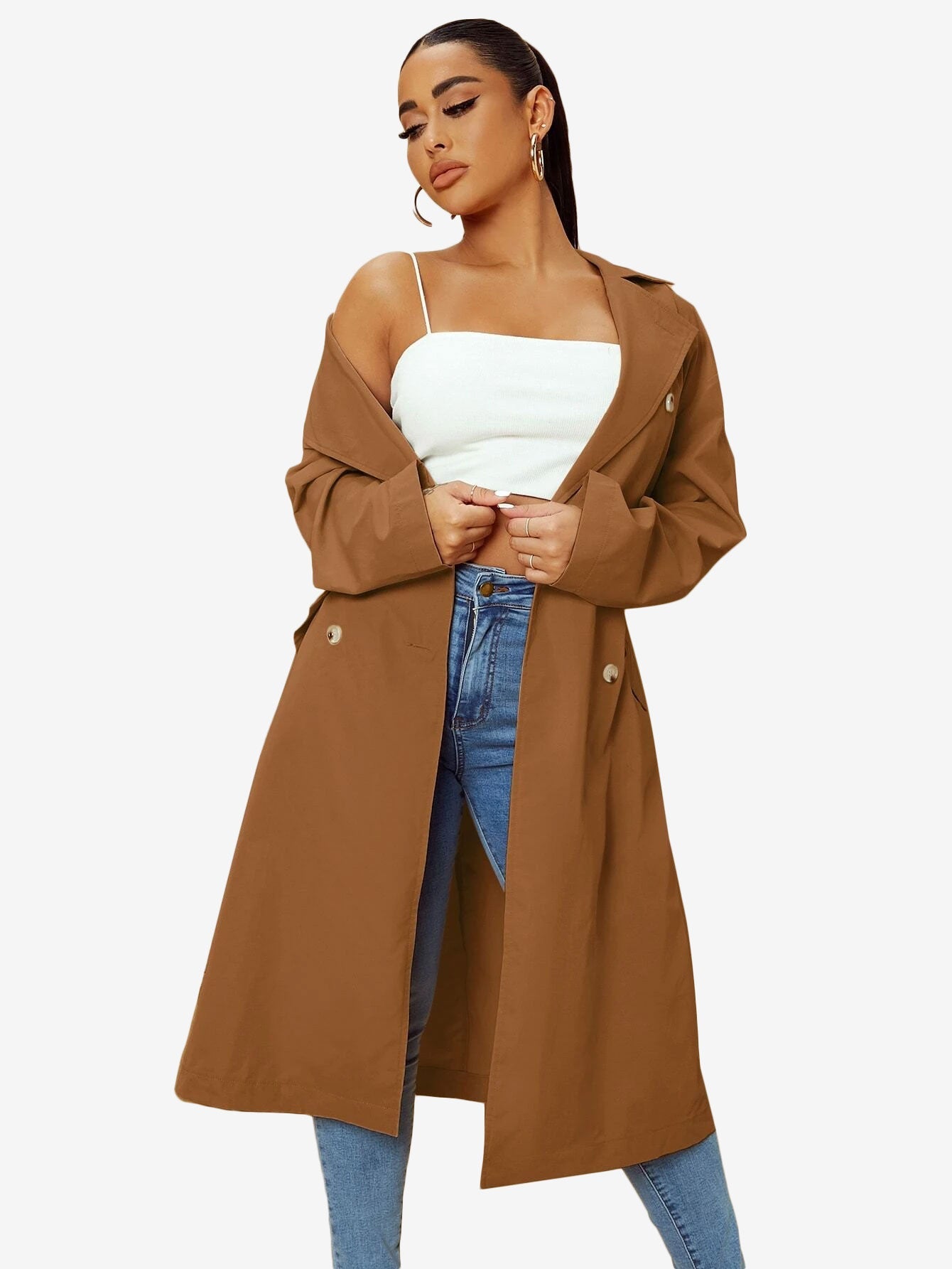 Double Breasted Lapel Neck Belted Trench Coat