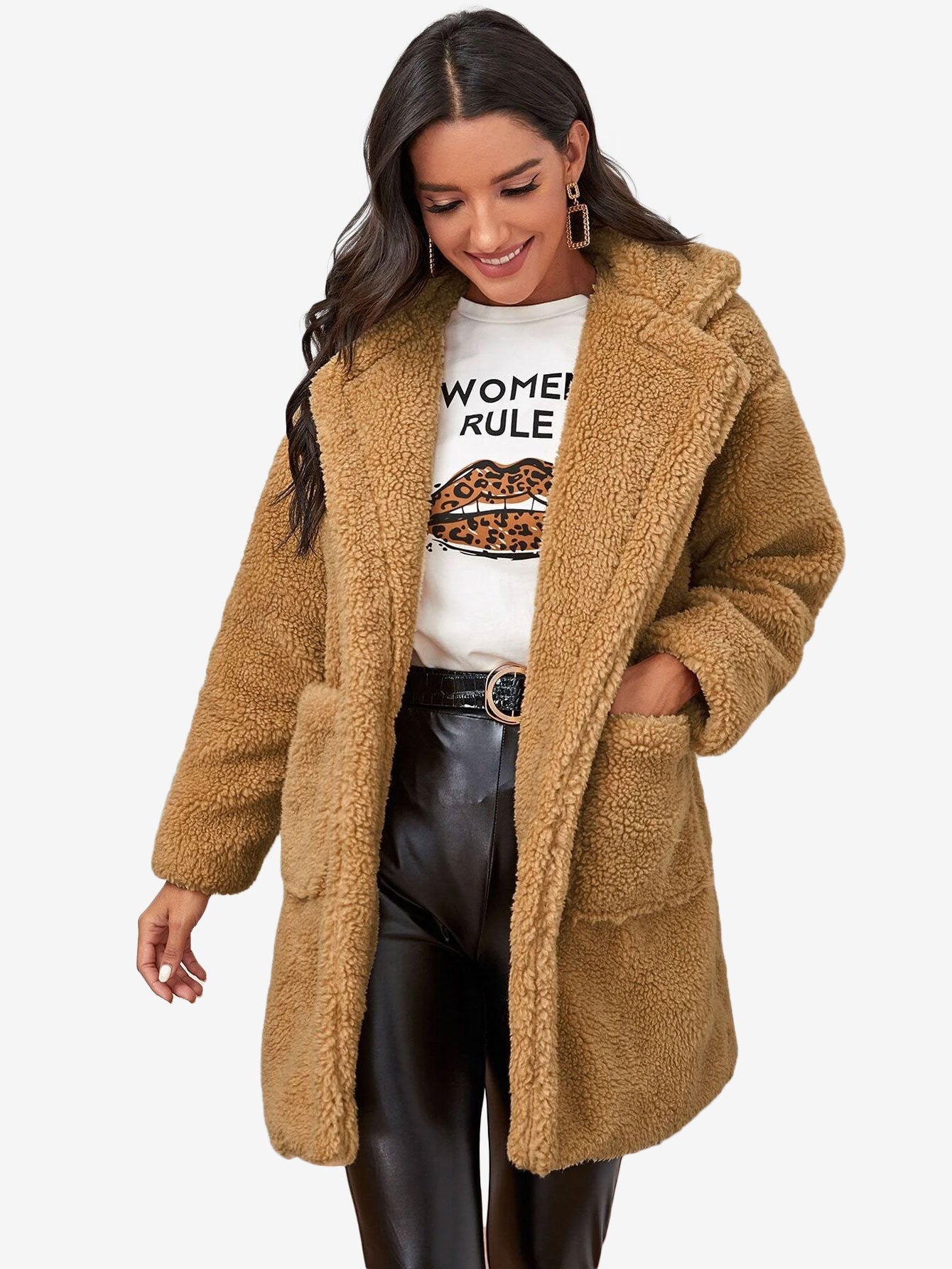 Lapel Collar Dual Pockets Teddy Coat