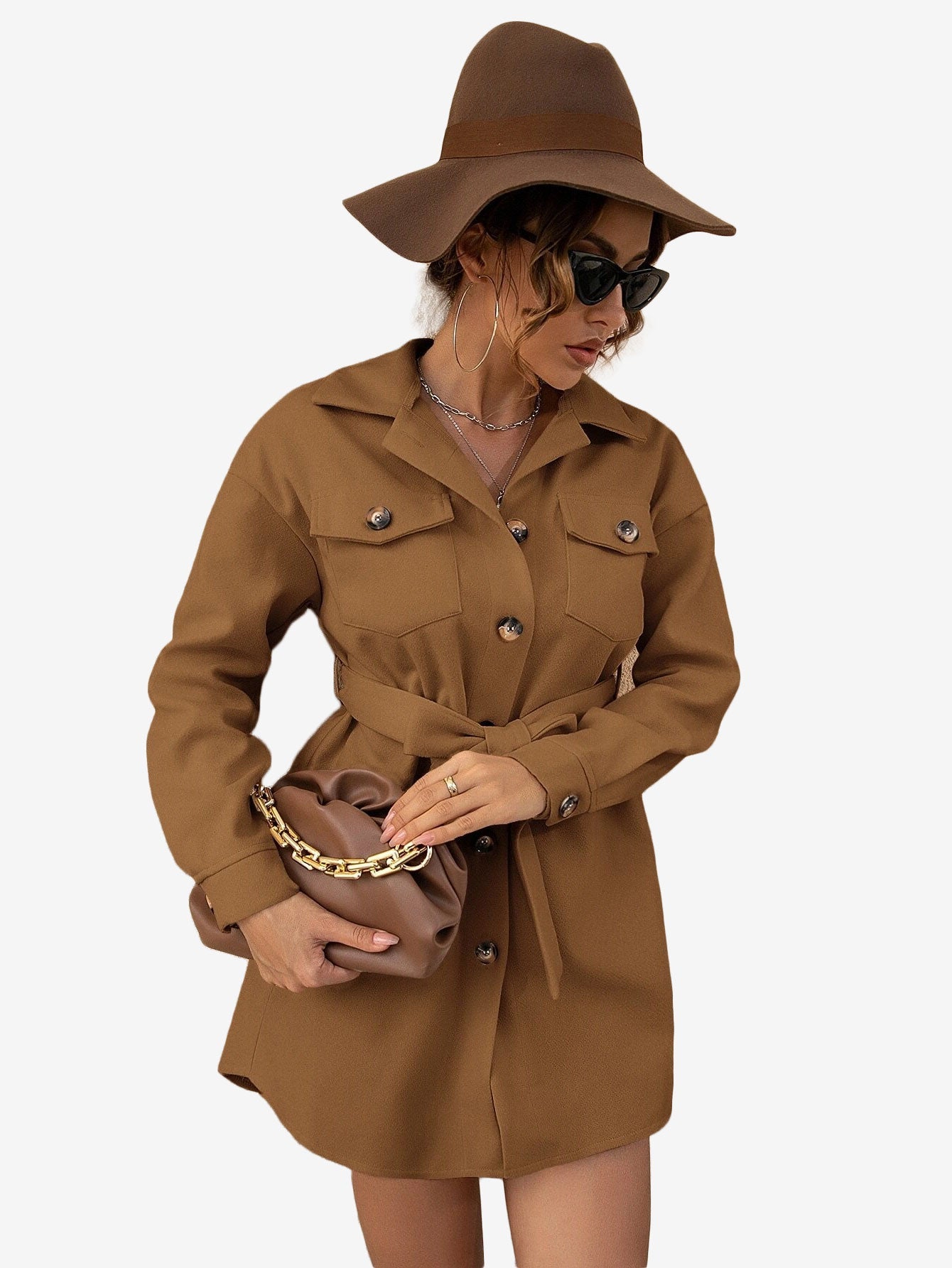 Drop Shoulder Flap Pocket Belted Overcoat