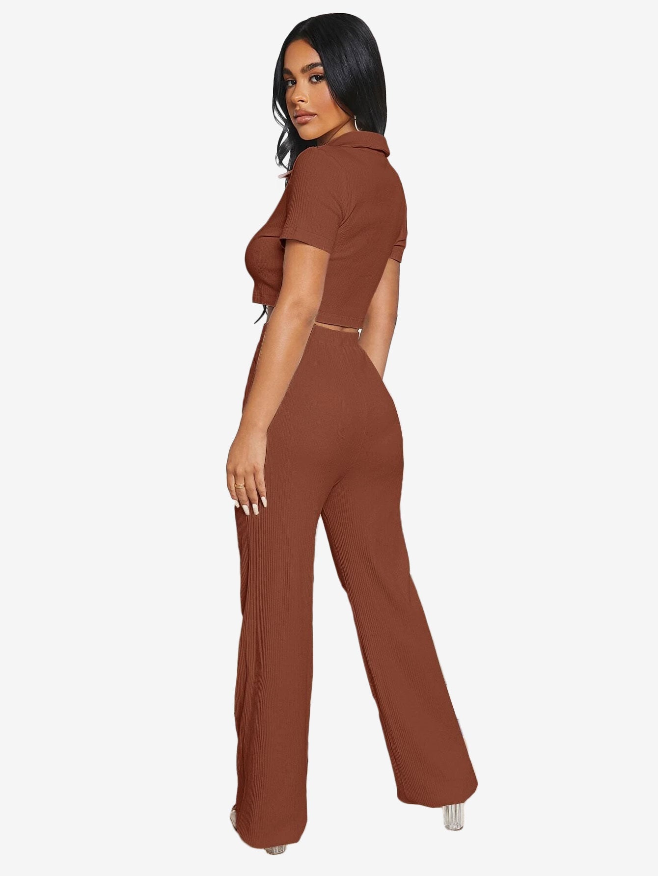 Button Half Placket Rib-knit Crop Top