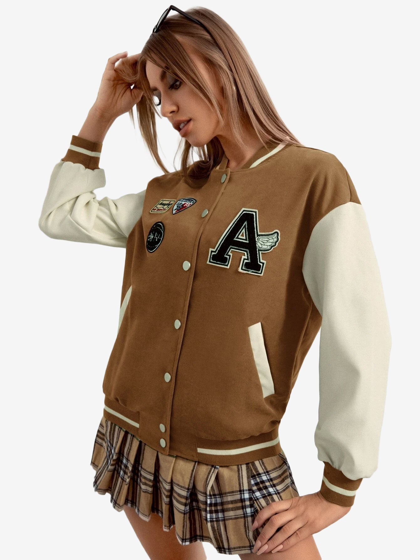 Contrast Sleeve Letter Patched Bomber Jacket