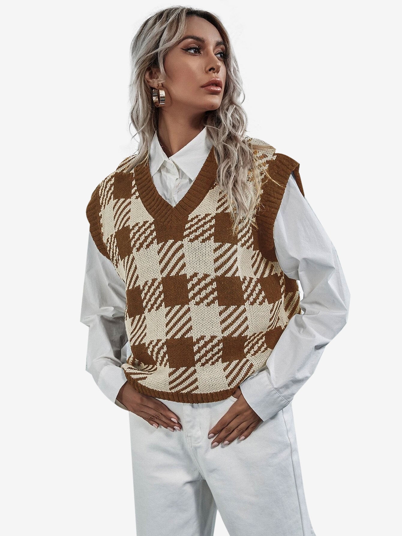 Cute V-neck Gingham Sweater Vest