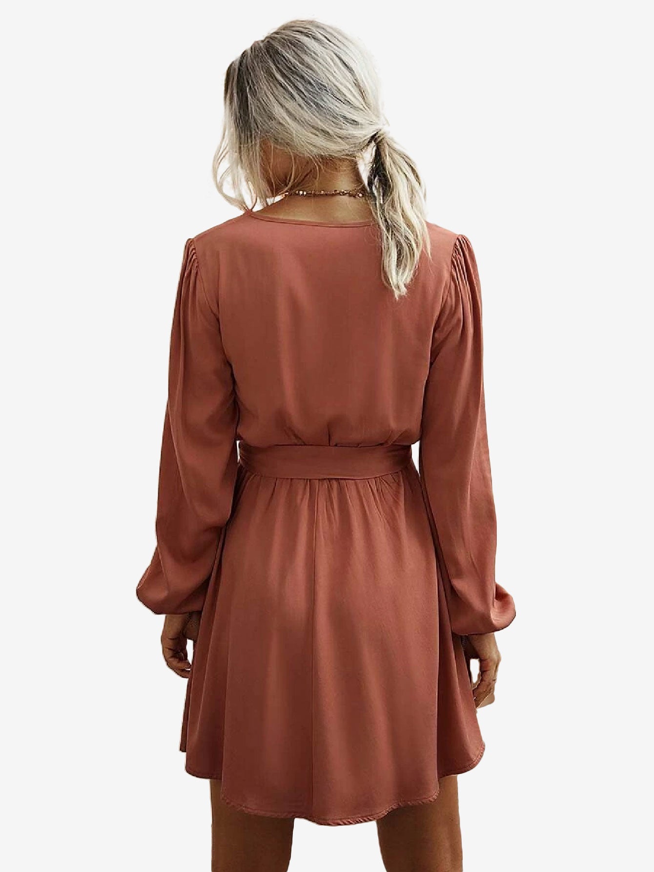 Charming V Neck Lantern Sleeve Belted Dress